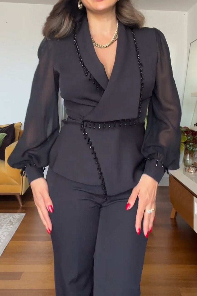 Spring and Fall Solid Color V-neck Top Long Sleeve Suit
