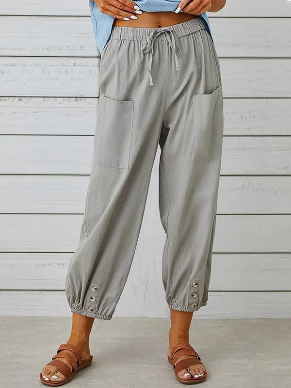 Women's pants High-waisted buttoned cotton hemp pants nine-point pants wide-legged