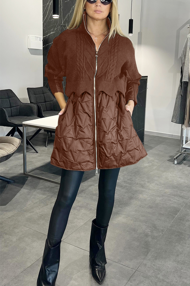 Women's Standing Collar Knit Patchwork Coat