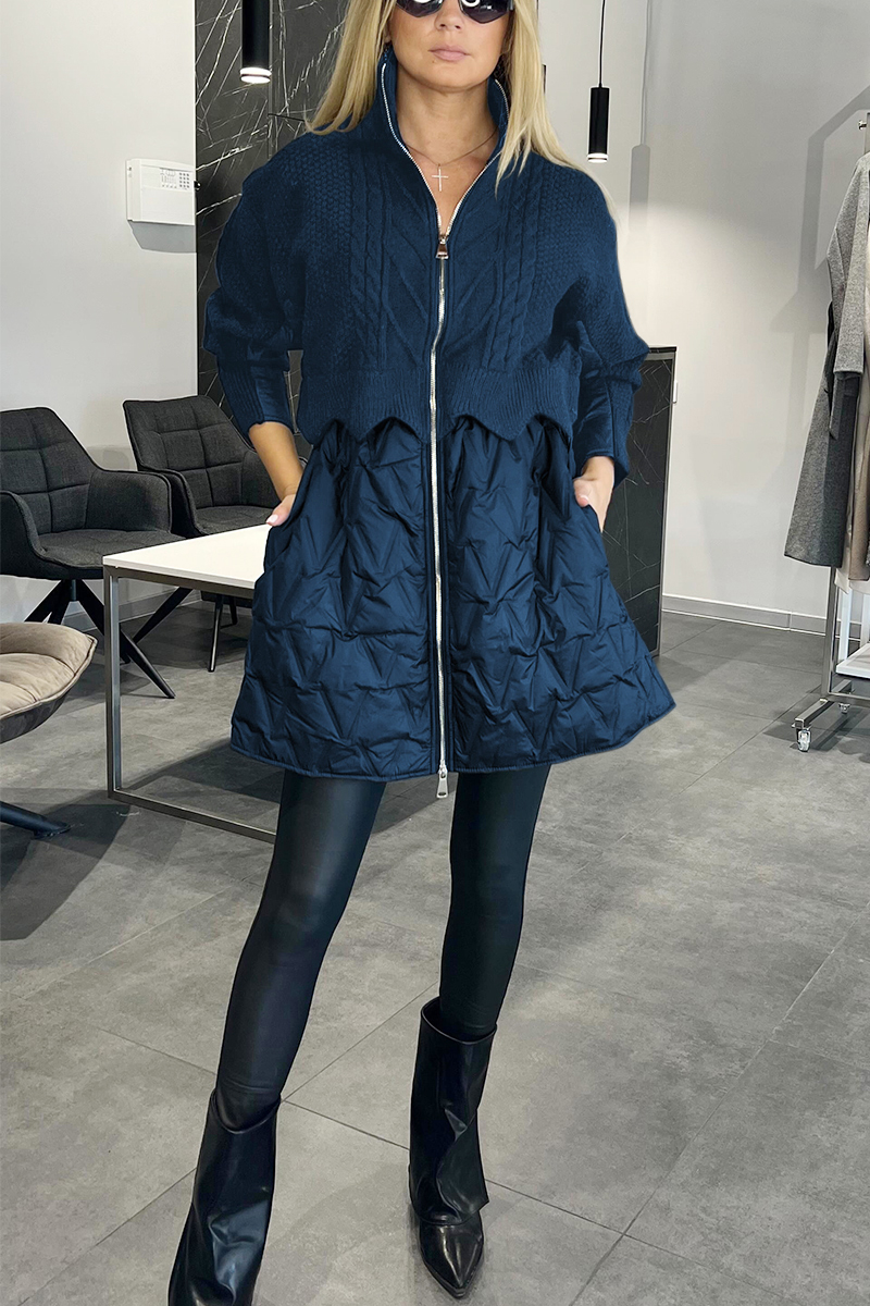 Women's Standing Collar Knit Patchwork Coat