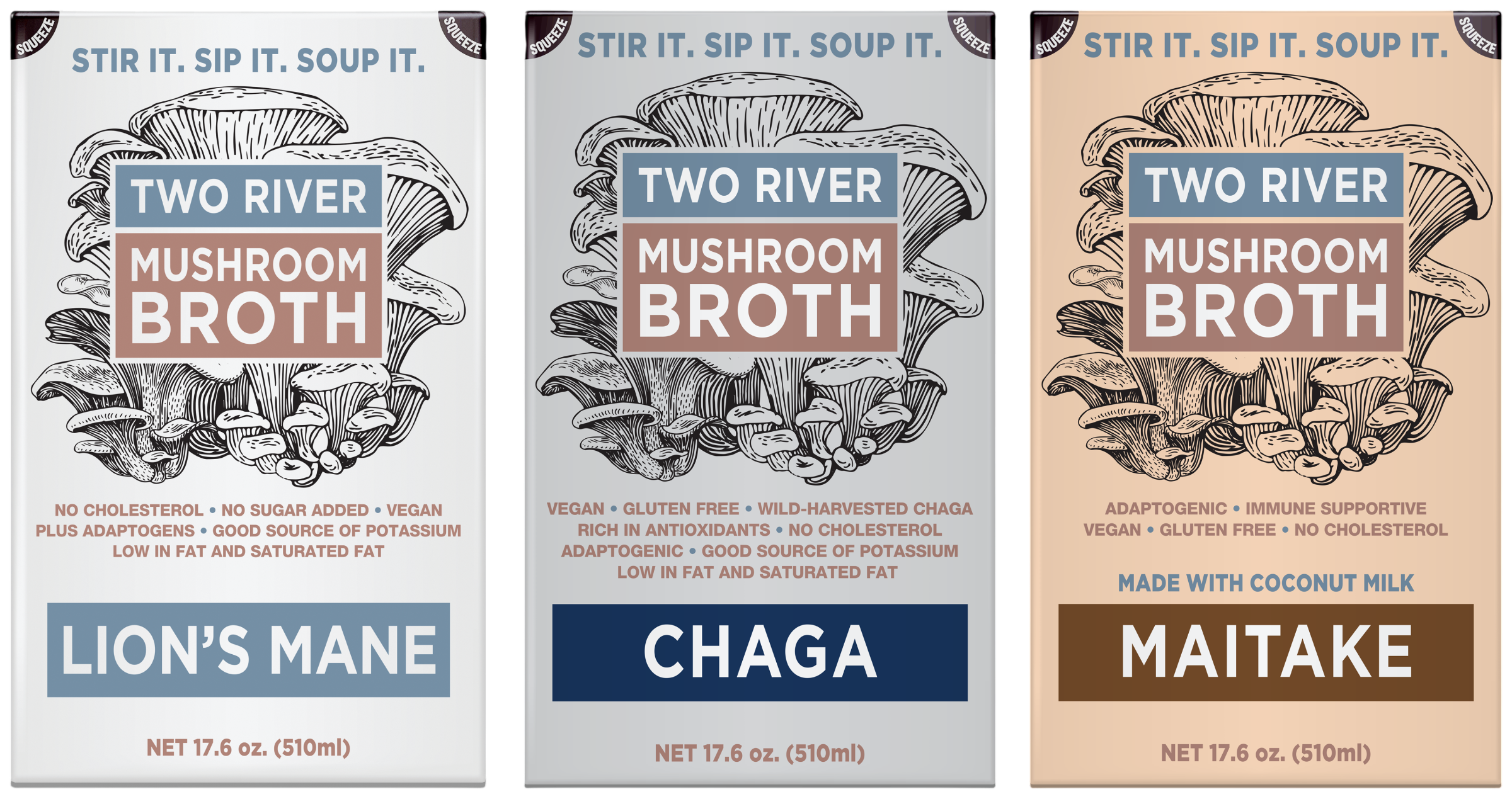 Three cartons of Two River Mushroom Broth