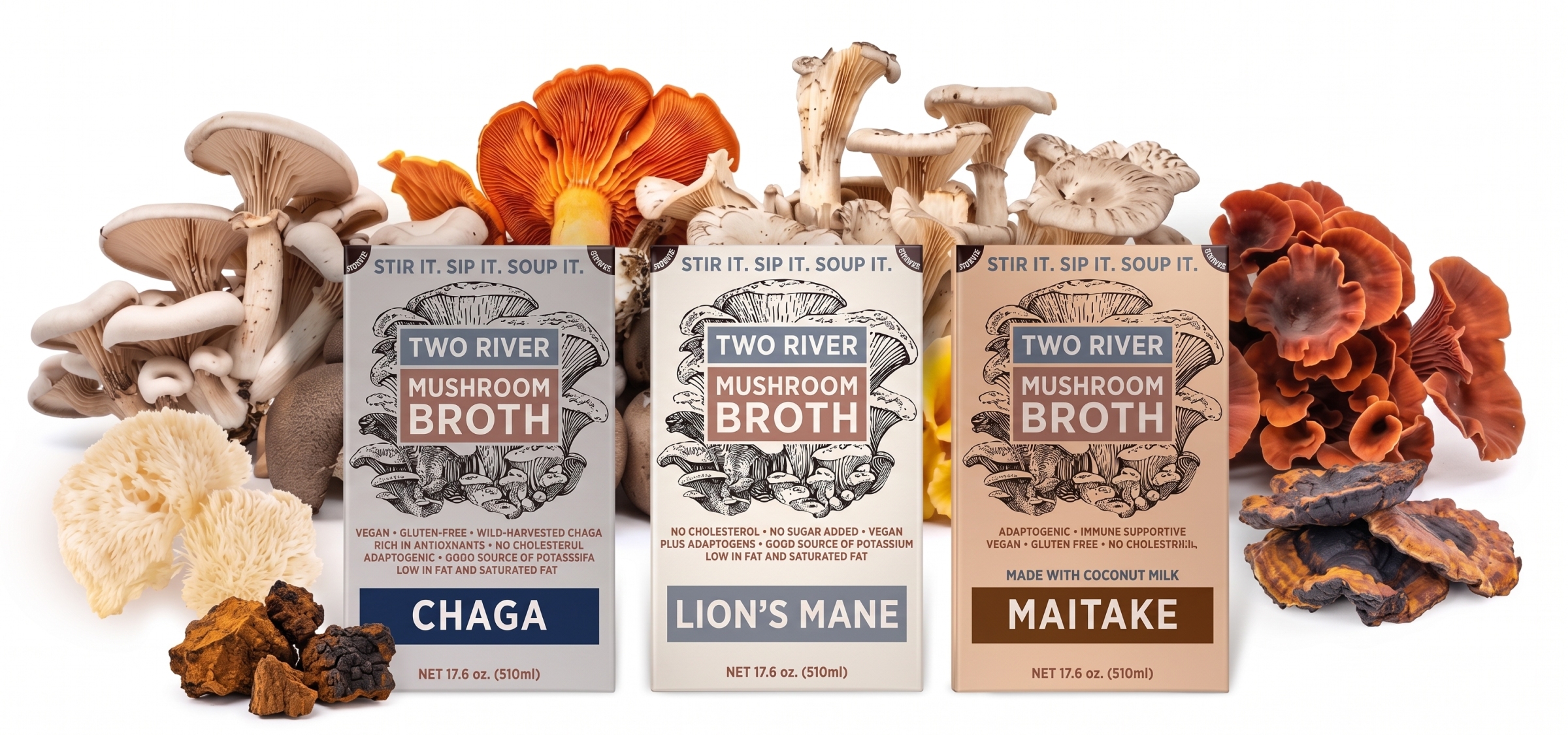 Two River organic mushroom broth cartons