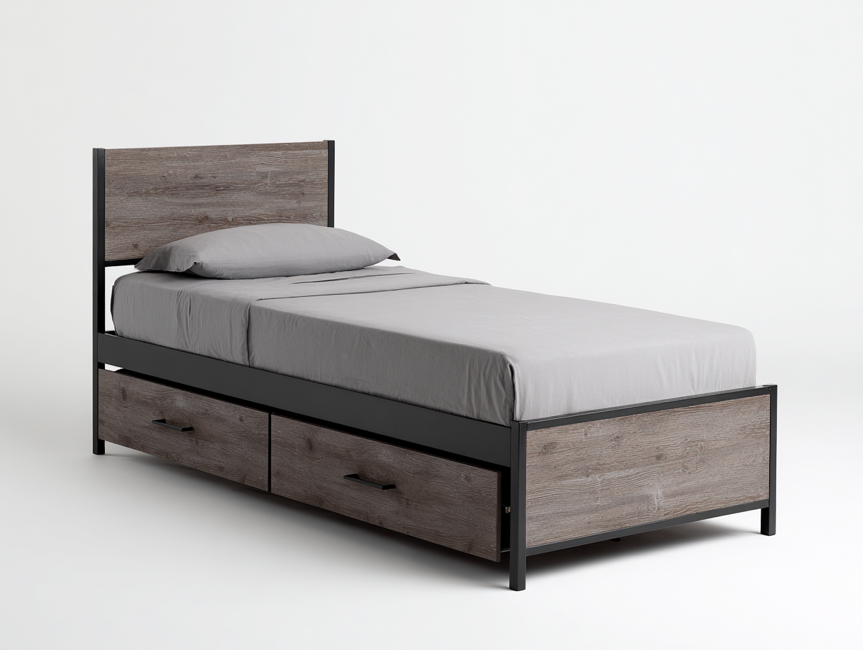 Camas individuales de madera y metal 205x95x100 cm roble y negro - diseño moderno con almacenaje-Favovadecor