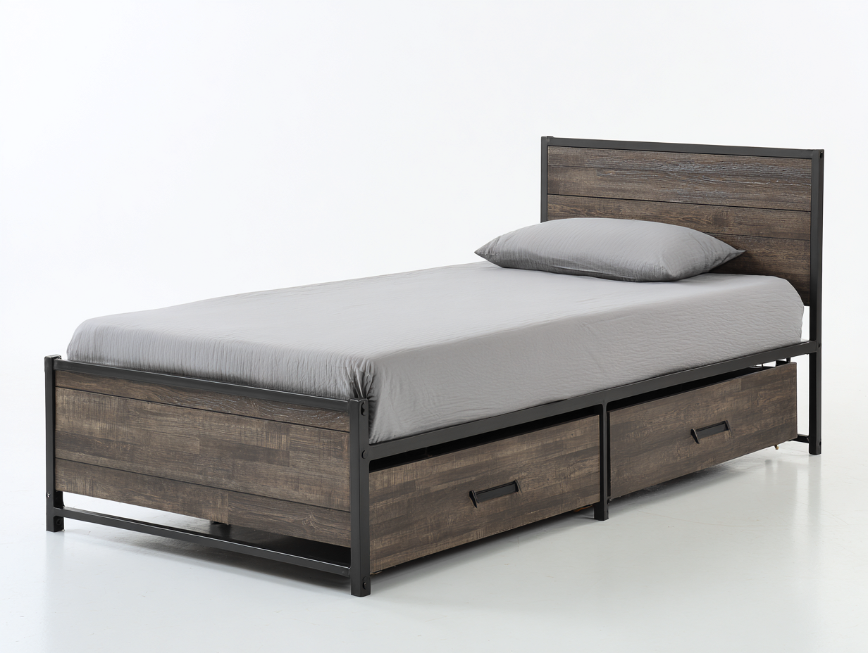 Camas individuales con cajones 205x98x95 cm - marrón-negro - estructura metálica - estilo industrial-Favovadecor