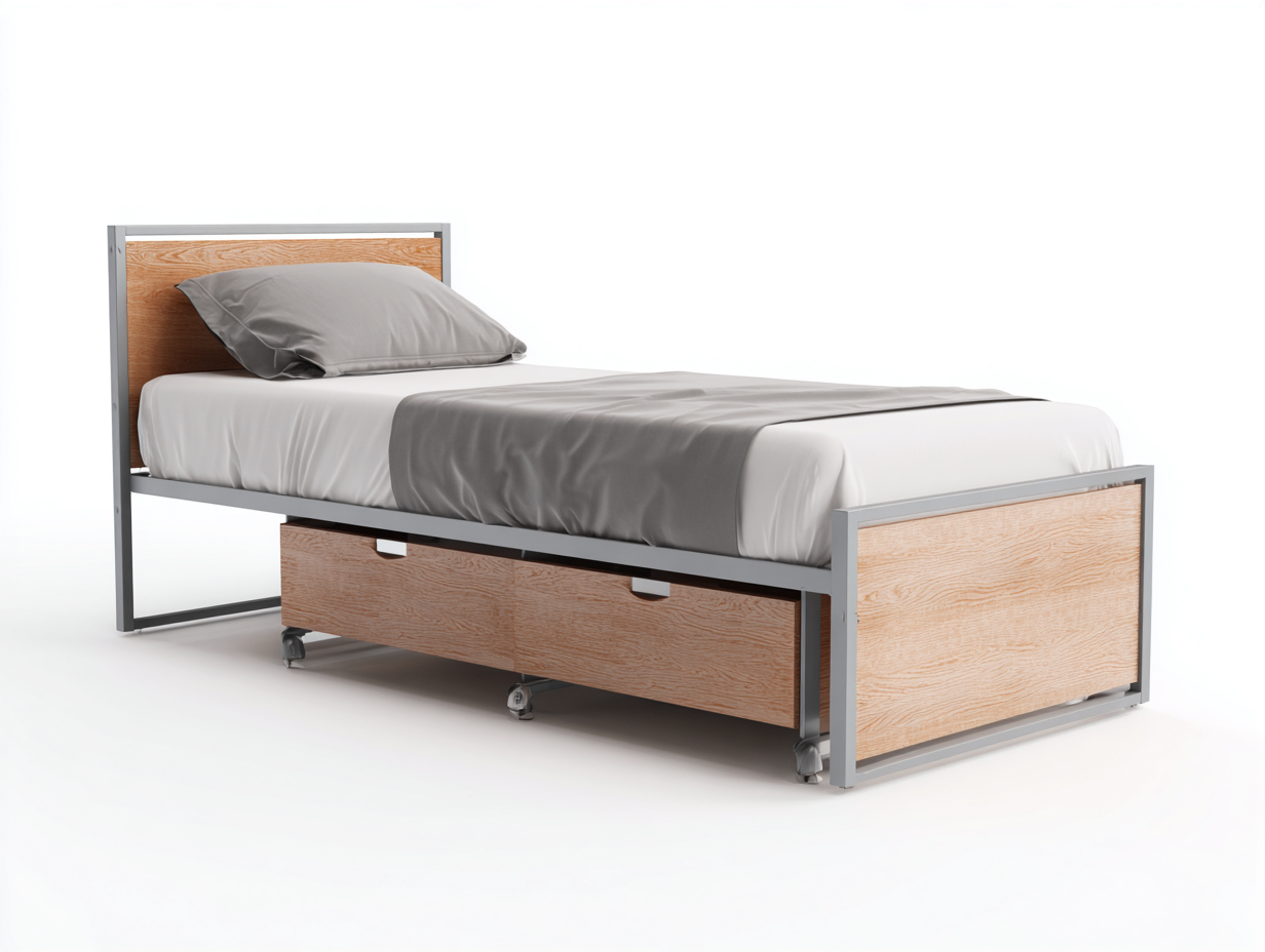 Camas individuales de metal y madera 200x90x95 cm - Natural-Gris - Diseño moderno con almacenamiento inferior-Favovadecor