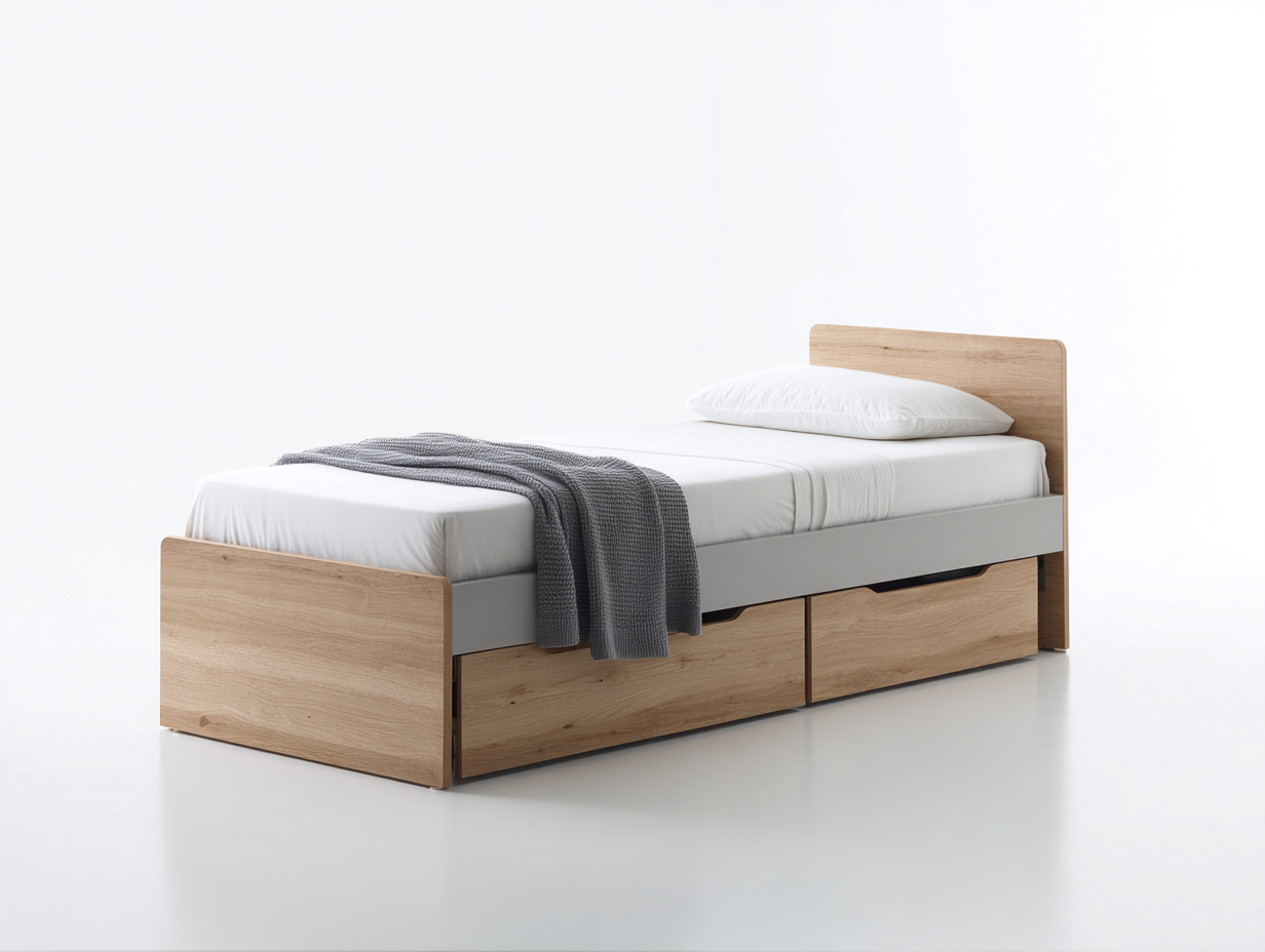 Cama individual de madera 205x98x82 cm - madera natural y gris - con 2 cajones para dormitorio-Favovadecor