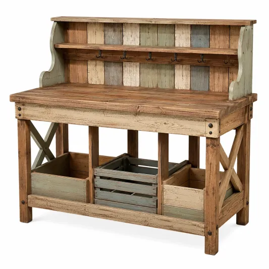 Mesa de trabajo de jardín vintage con estantes de almacenaje-cozyfetra