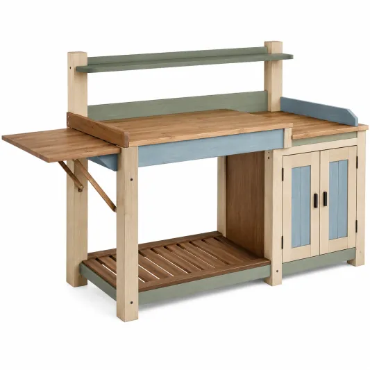 Mesa de Jardinería con Estantes en Madera Natural y Verde-cozyfetra
