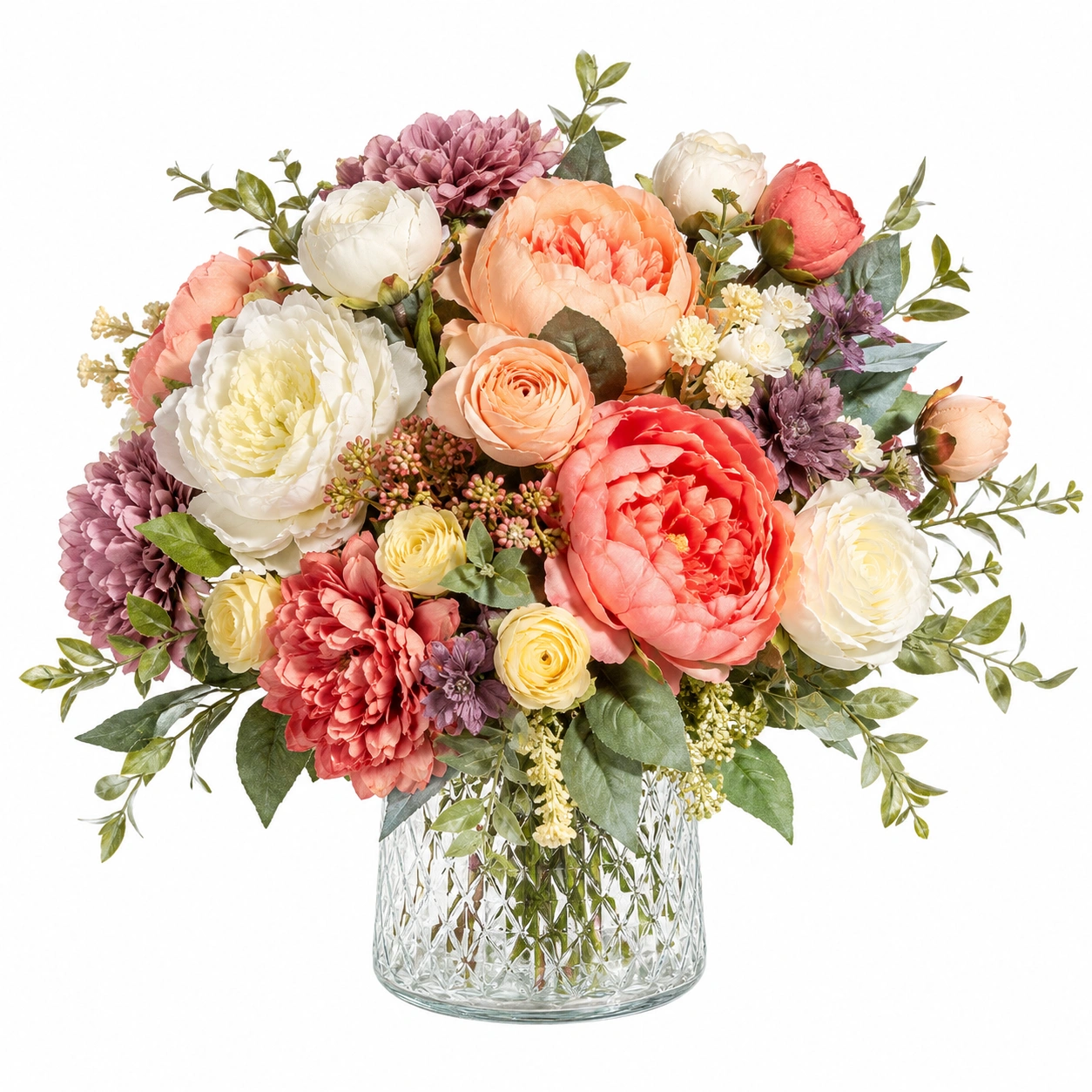 Ramo de flores artificiales en jarrón de vidrio multicolor con efecto realista-ulqernova