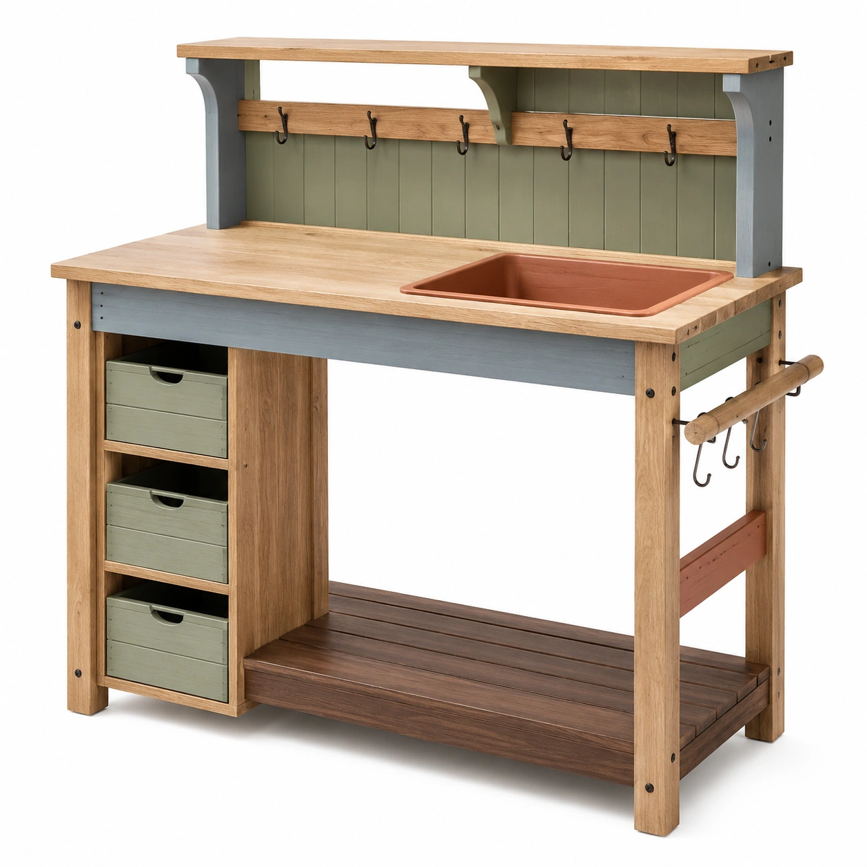 Mesa de Jardinería de Madera con Estantes y Colgadores Natural y Verde-ulqernova