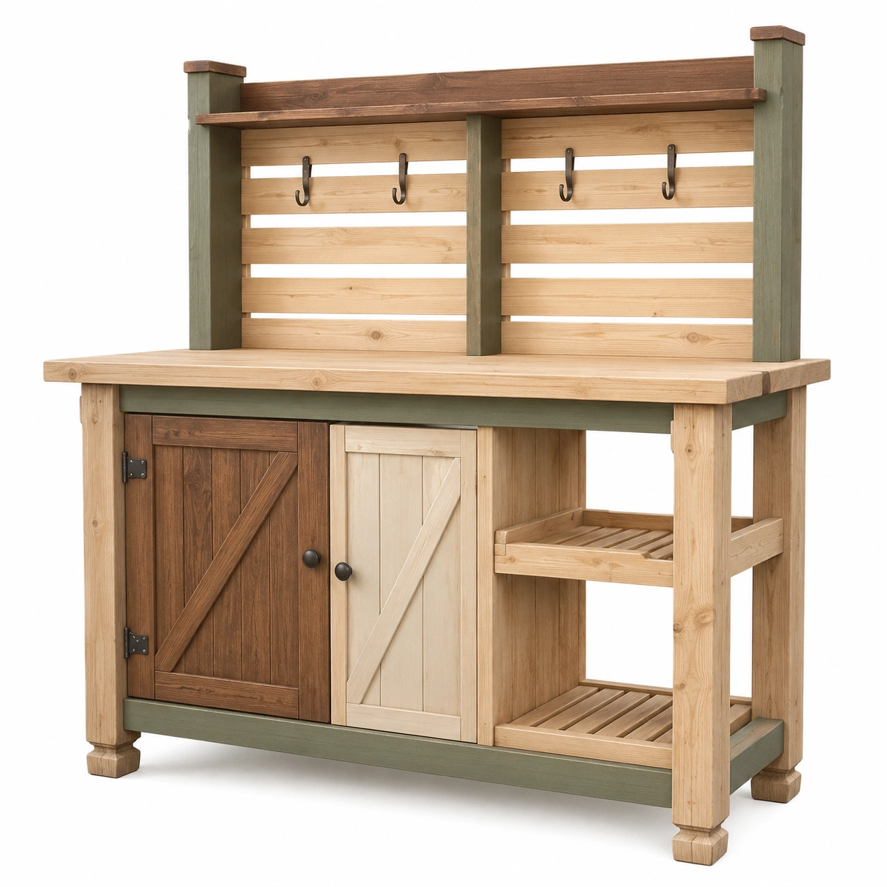 Mesa de trabajo para jardinería con estantes en madera natural y verde-ulqernova