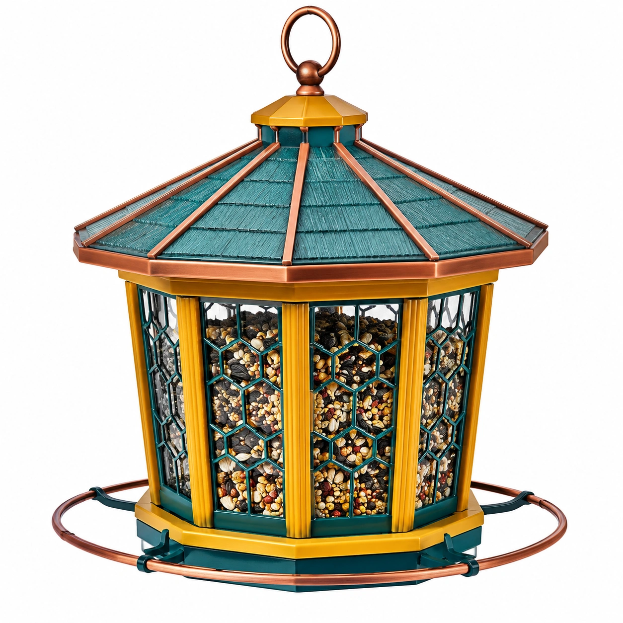 Comedero Hexagonal para Pájaros Jardín, Colores Rojo, Verde y Azul-ulqernova