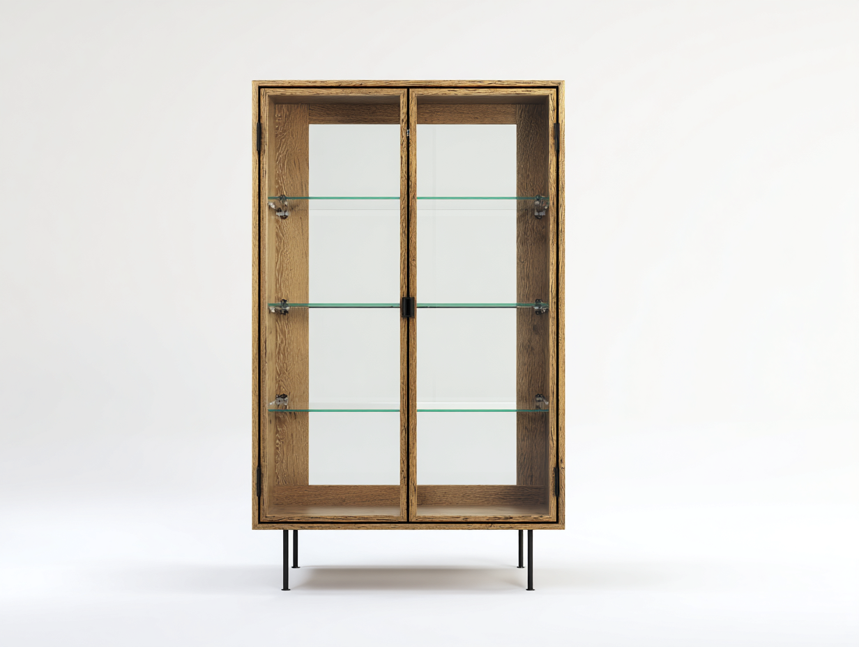 Vitrina de madera 92x38x170 cm - madera natural y negro - diseño con puertas de vidrio-Masahahome