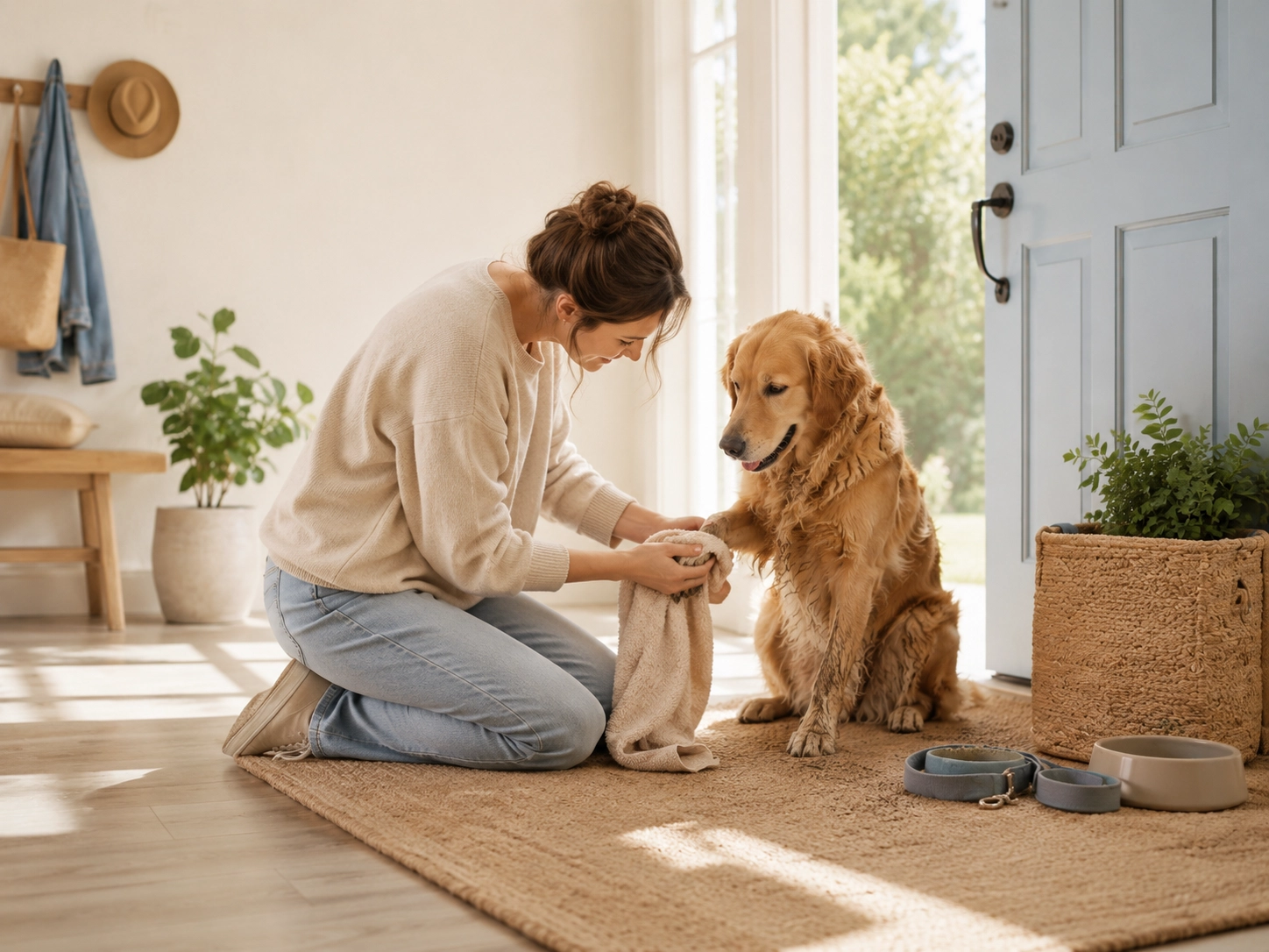 Pet owner caring for a dog's paws at home after an outdoor walk
