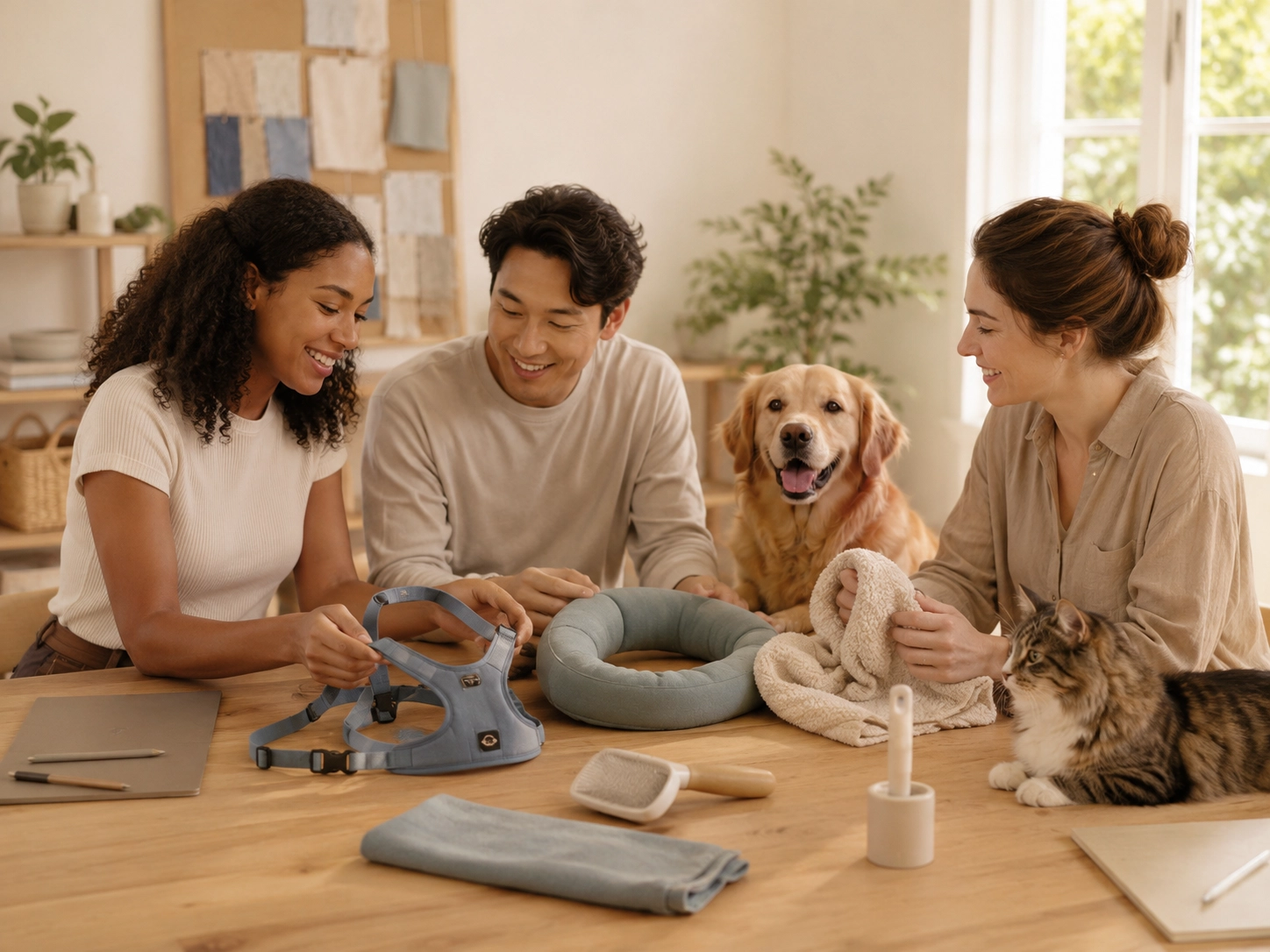 Small pet-loving team discussing everyday pet care products and ideas