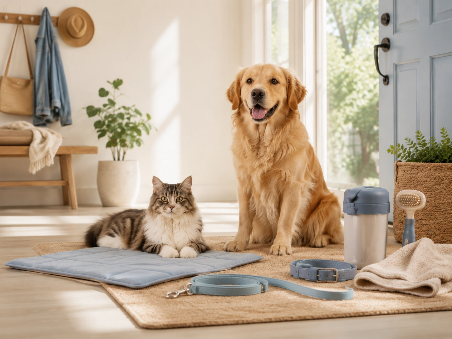 Dog and cat with practical everyday pet care essentials in a bright home