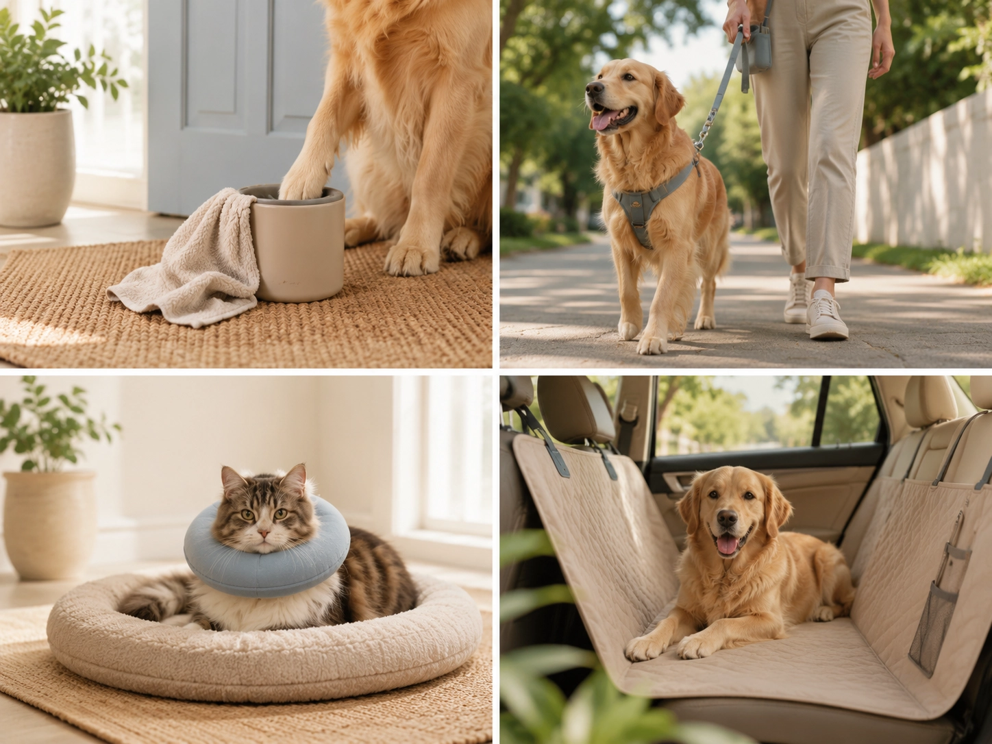 Different pet care routines including cleaning, walking, comfort and travel