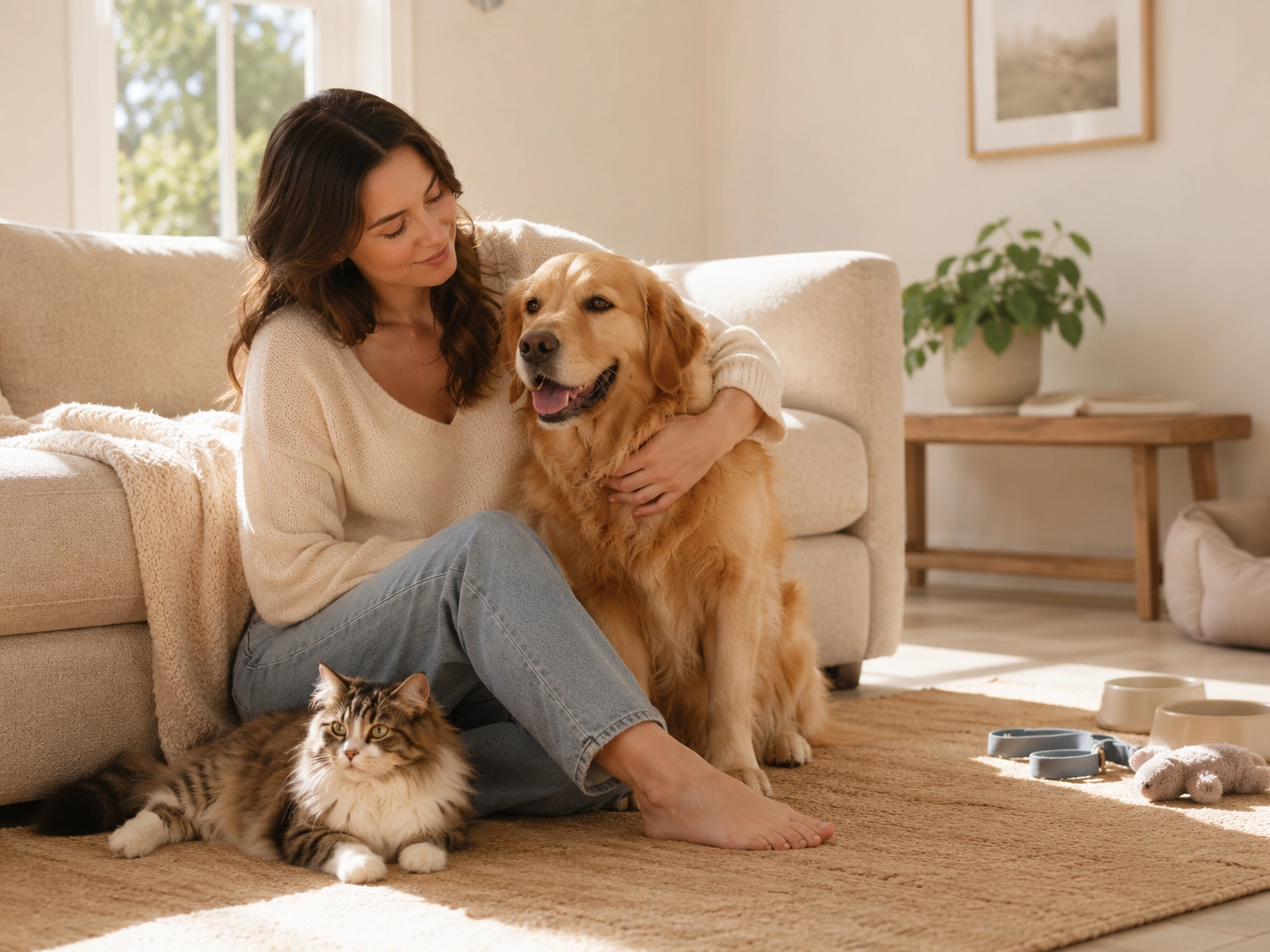 Pet owner sharing a warm and relaxed moment at home with a dog and cat