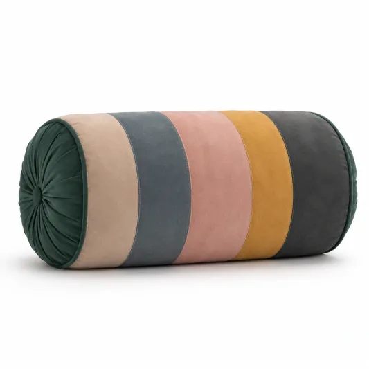 Cojín cilíndrico multicolor 50x20cm verde, beige, gris, rosa y mostaza-lornavika
