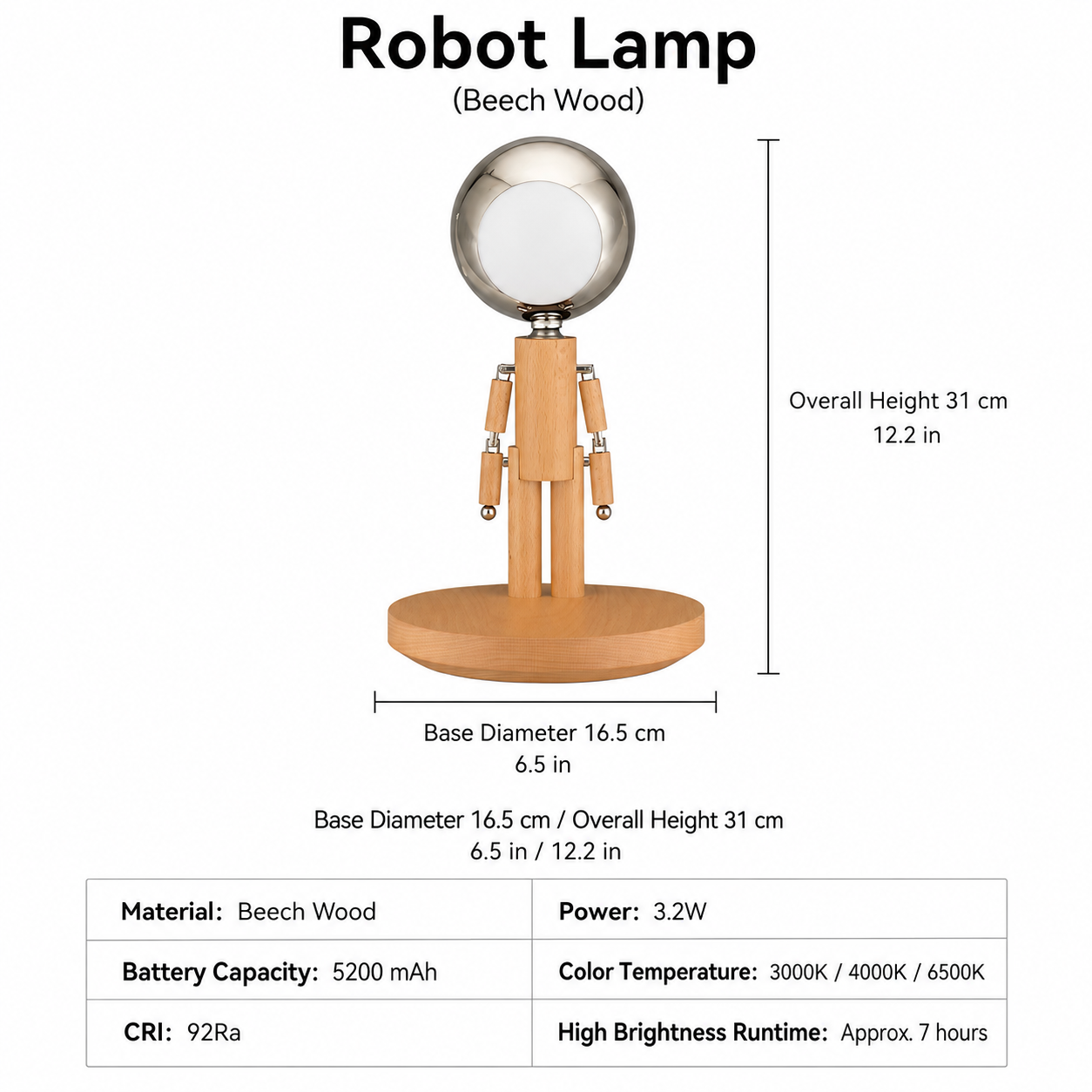 Wooden Robot Lamp--Beech Wood