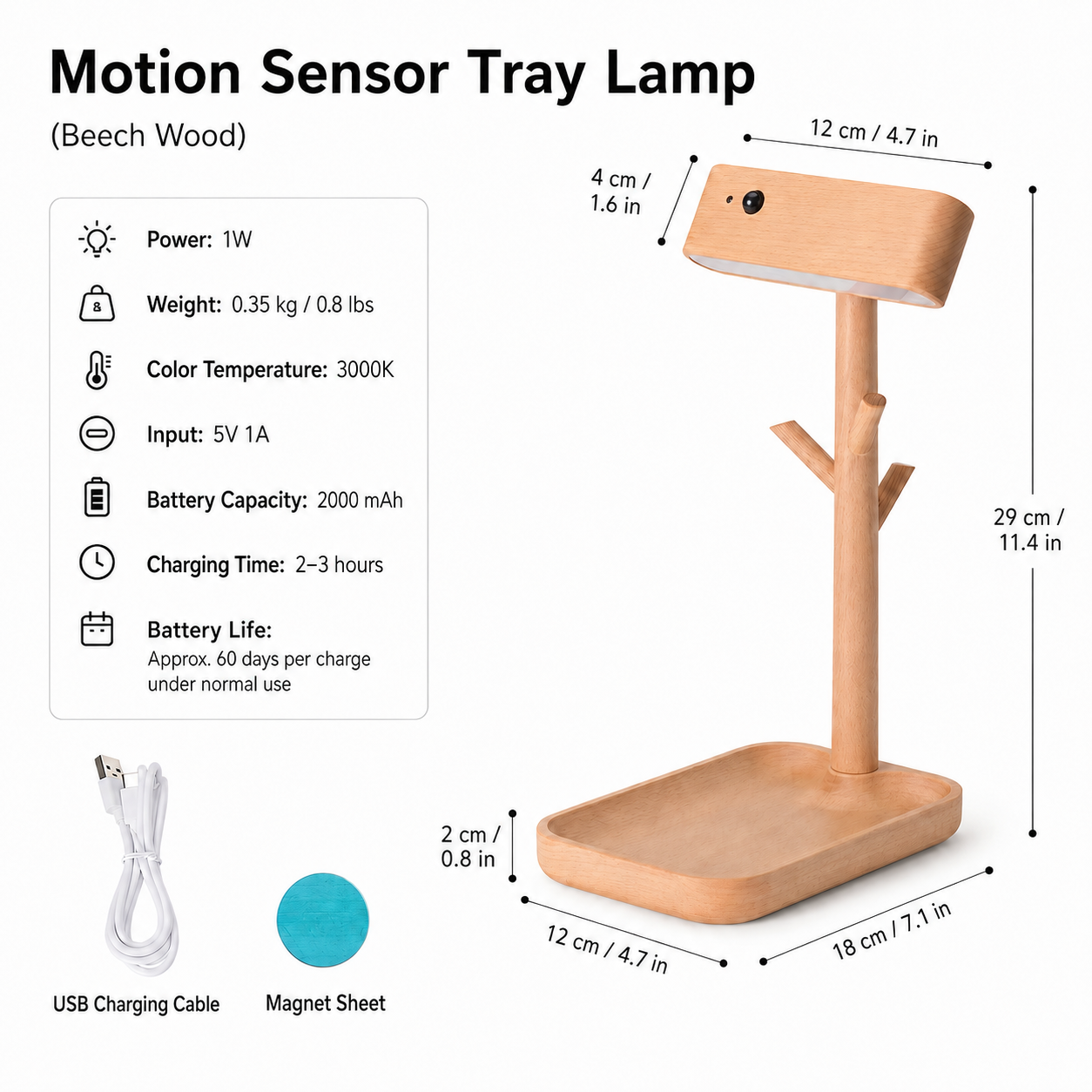 Motion Sensor Tray Lamp--Beech Wood