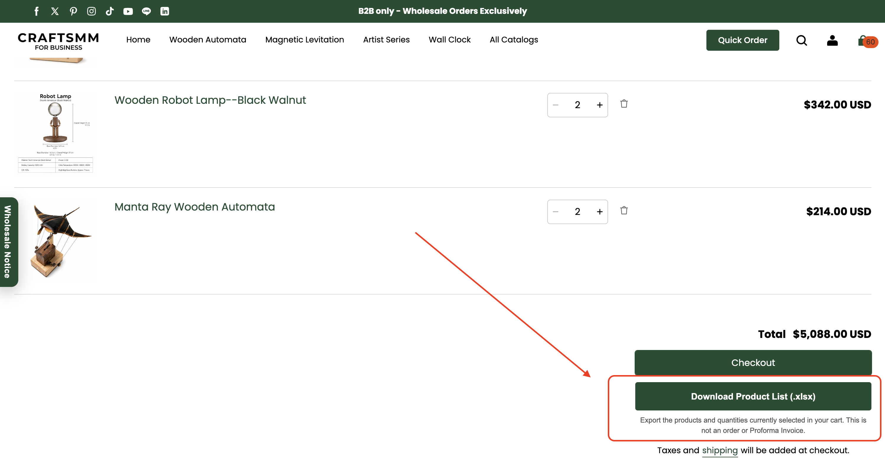 Download Product List button on the CRAFTSMM cart page