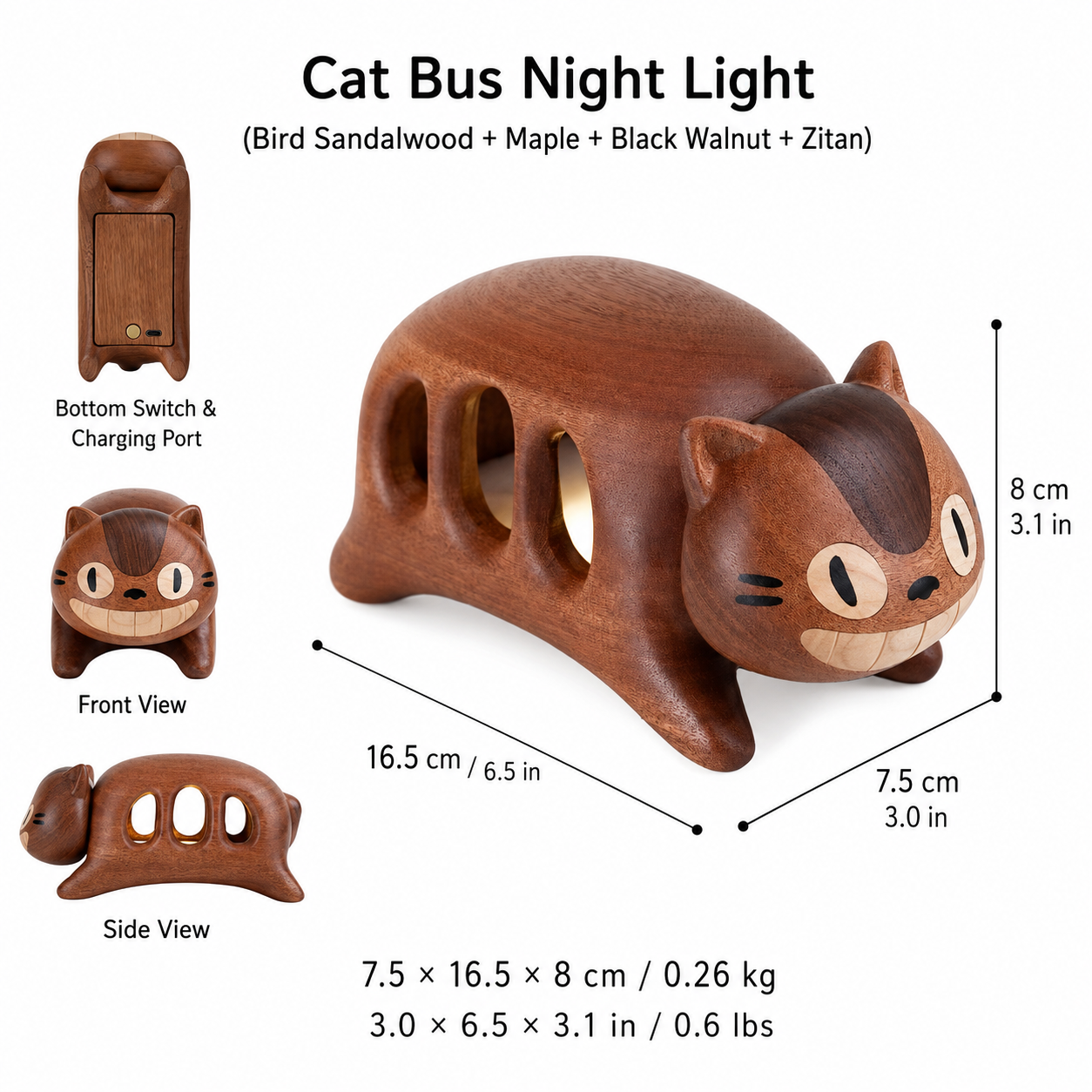 Wooden Cat Bus Night Light