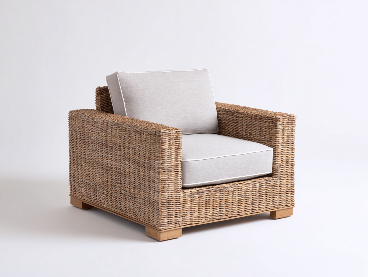Gartensessel Rattan Stoff 88x86x76 cm Natur-Creme für Garten - Modernes Lounge Design mit breiten Armlehnen-Dovexgahaus