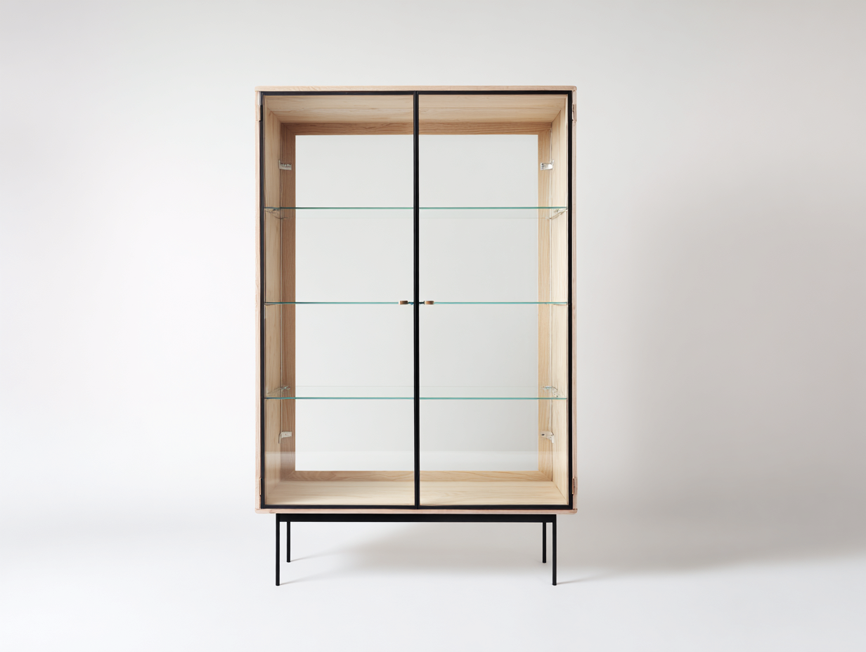 Vitrinen Holz Glas und Metall 90x38x170 cm - naturfarben-schwarz-transparent - modernes Wohnzimmerdesign-Dovexgahaus