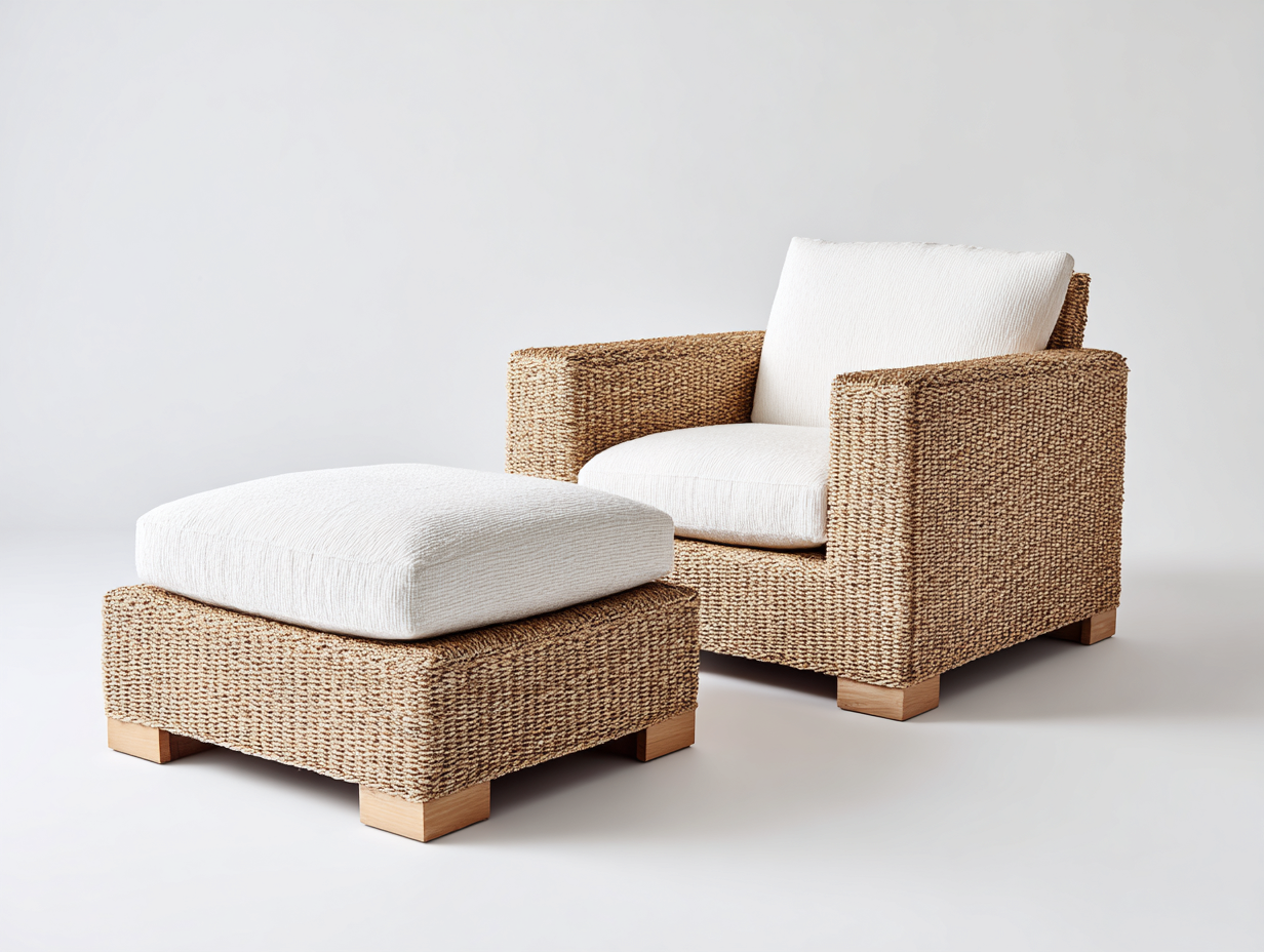 Gartensessel Rattan Stoff 86x85x78 cm Natur-Creme für Garten - Modernes Lounge Design mit Hocker-Dovexgahaus