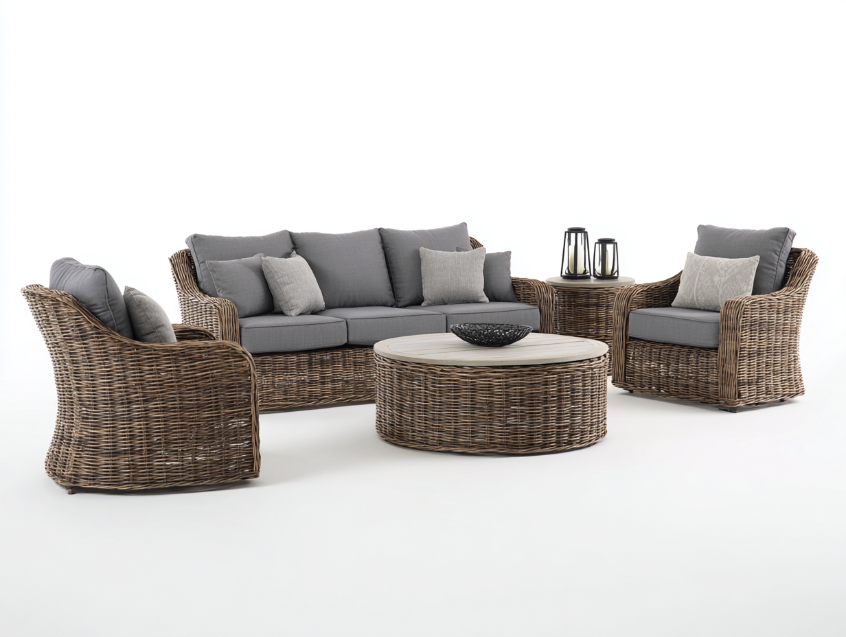 Gartensofa Rattan Sitzgruppe 205x82x78 cm - naturfarben-grau - klassisches Gartendesign-Dovexgahaus