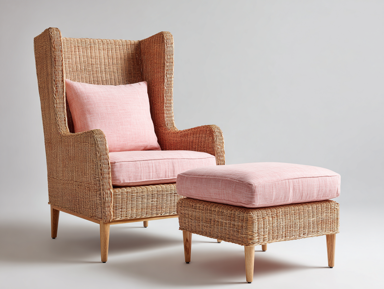 Gartensessel Rattan mit Fußhocker 86x92x118 cm - Naturbraun-Rosa - Klassisches Lounge Design-Dovexgahaus