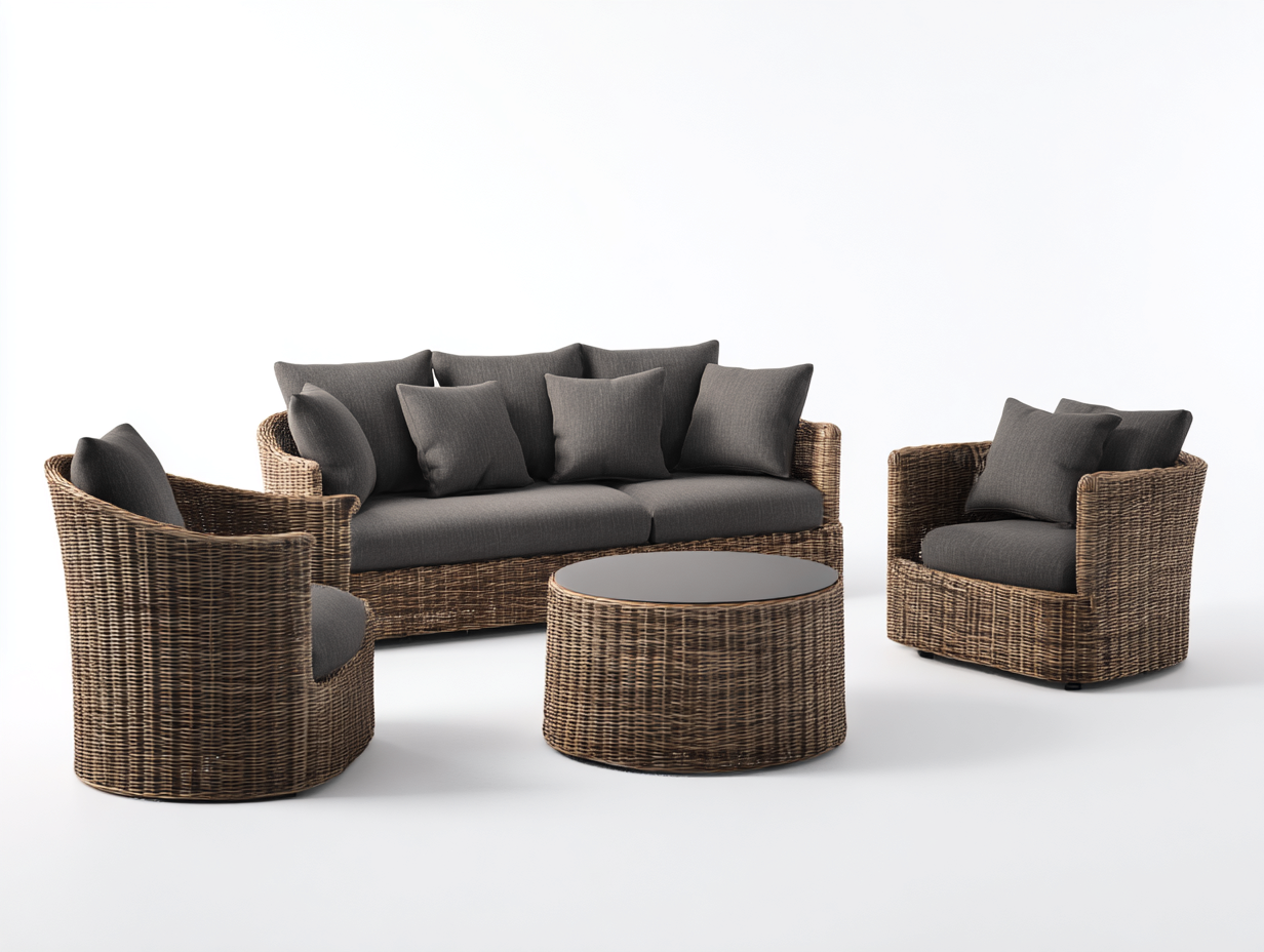 Gartensofa Polyrattan Stoff 215x82x78 cm Natur-Grau für Garten - Modernes Lounge Design mit 2 Sesseln und Couchtisch-Dovexgahaus