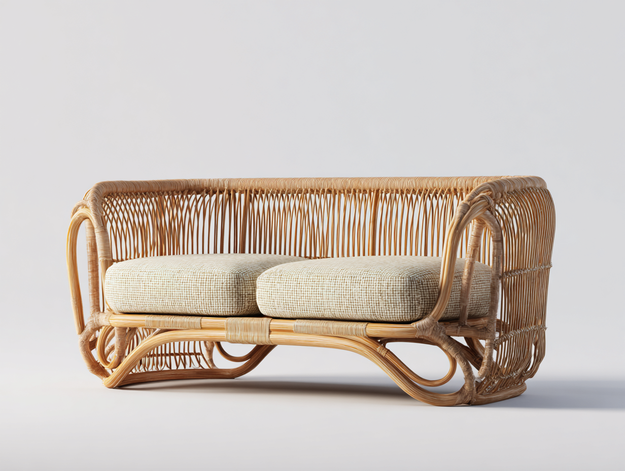 Gartensofa Rattan Stoff 210x78x76 cm Natur-Beige für Garten - Modernes Lounge Design mit abgerundeten Armlehnen-Dovexgahaus