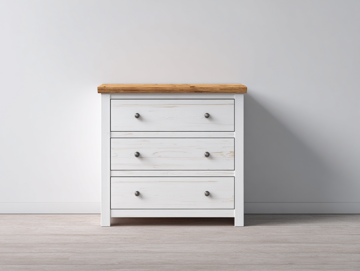 Nachttisch Holzwerkstoff 60x40x75 cm Weiß-Naturholz - Landhausstil mit 3 Schubladen-Dalaadwell