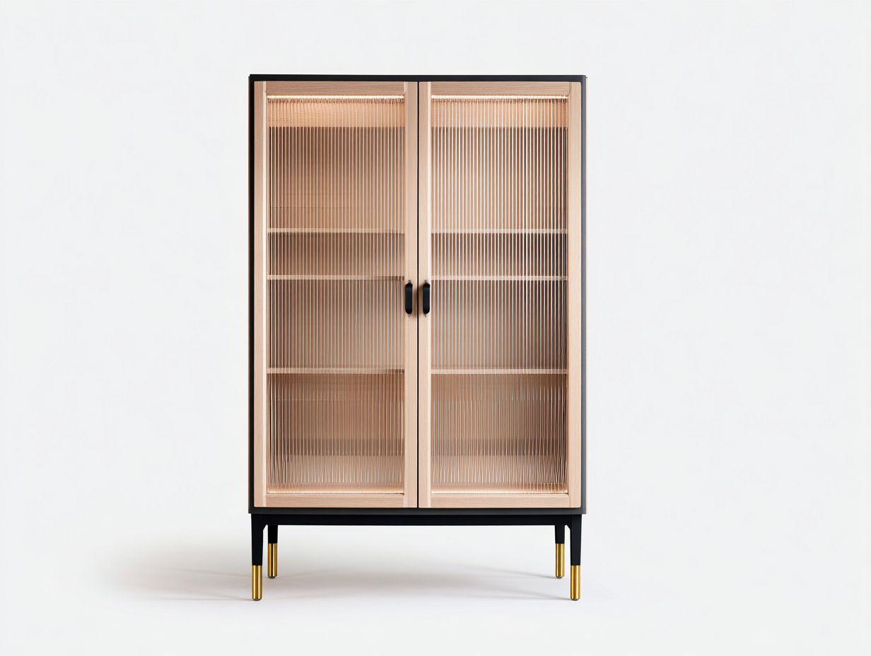 Bücherregal Holzwerkstoff-Glas 84x40x148 cm - Naturbraun-Schwarz-Gold - Modernes Regal mit Riffelglastüren-Dalaadwell