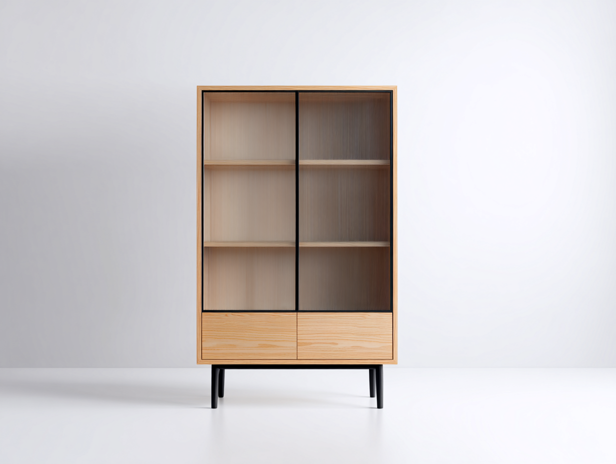 Bücherregal Holzwerkstoff-Glas 86x40x155 cm - Naturbraun-Schwarz - Modernes Regal mit Riffelglastüren-Dalaadwell