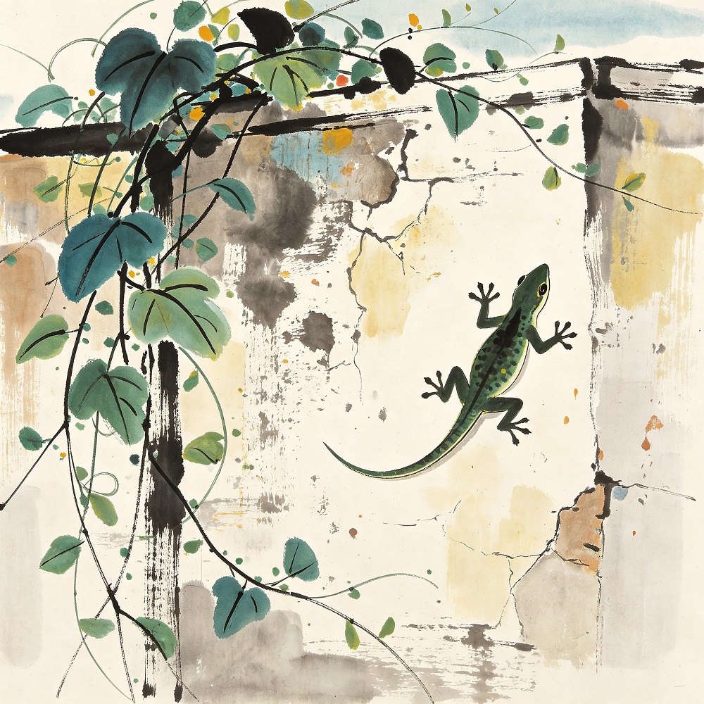 Chinese Style Ink Wash Canvas Wall Art, 40×40cm Kids Square Decor Print