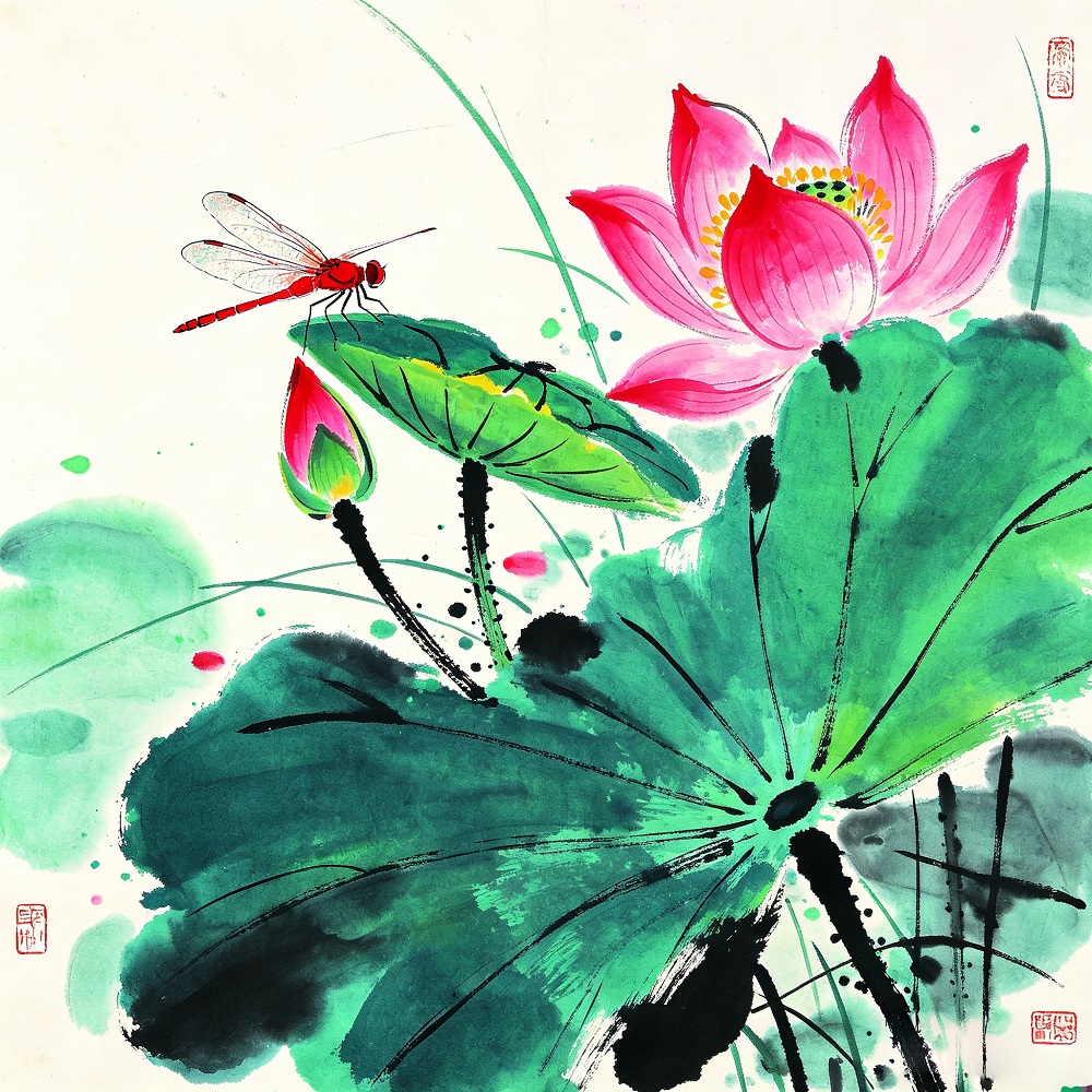 Chinese Style Ink Wash Canvas Wall Art, 40×40cm Kids Square Decor Print