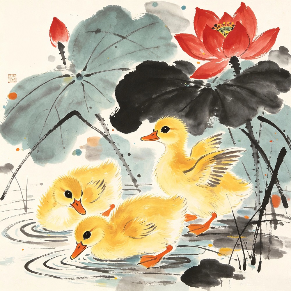 Chinese Style Ink Wash Canvas Wall Art, 40×40cm Kids Square Decor Print