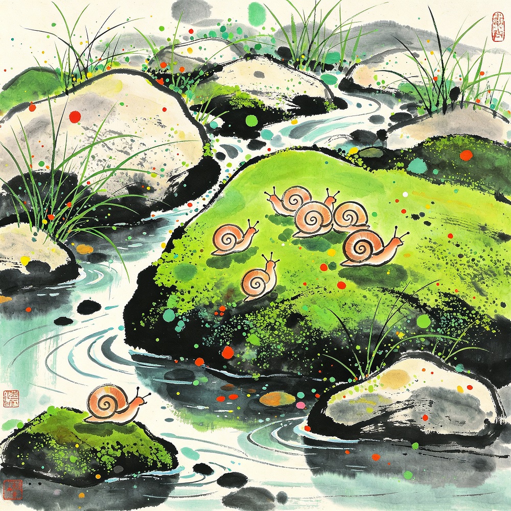 Chinese Style Ink Wash Canvas Wall Art, 40×40cm Kids Square Decor Print