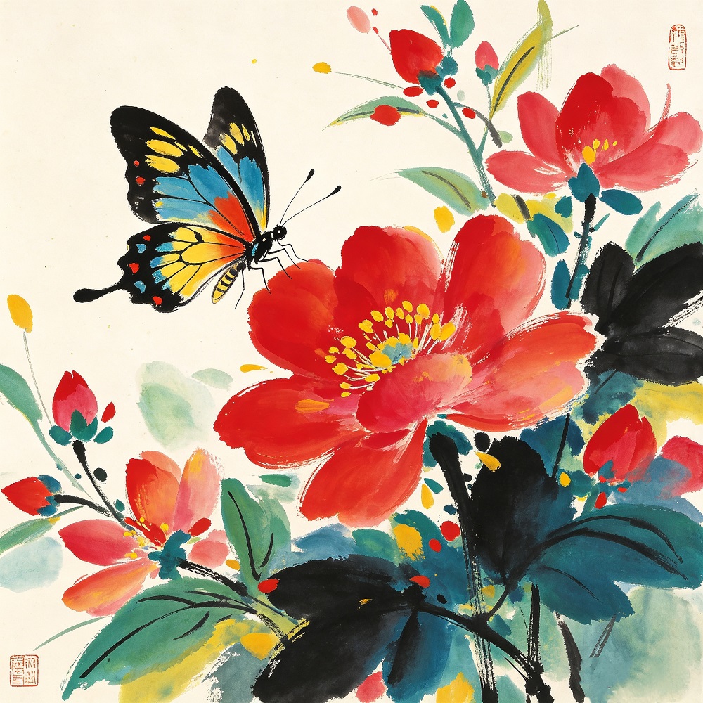 Chinese Style Ink Wash Canvas Wall Art, 40×40cm Kids Square Decor Print