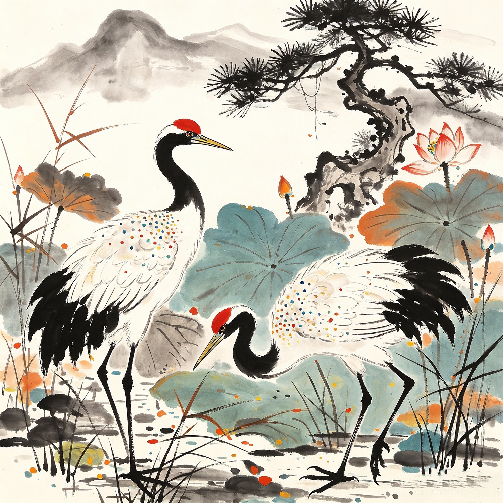 Chinese Style Ink Wash Canvas Wall Art, 40×40cm Kids Square Decor Print