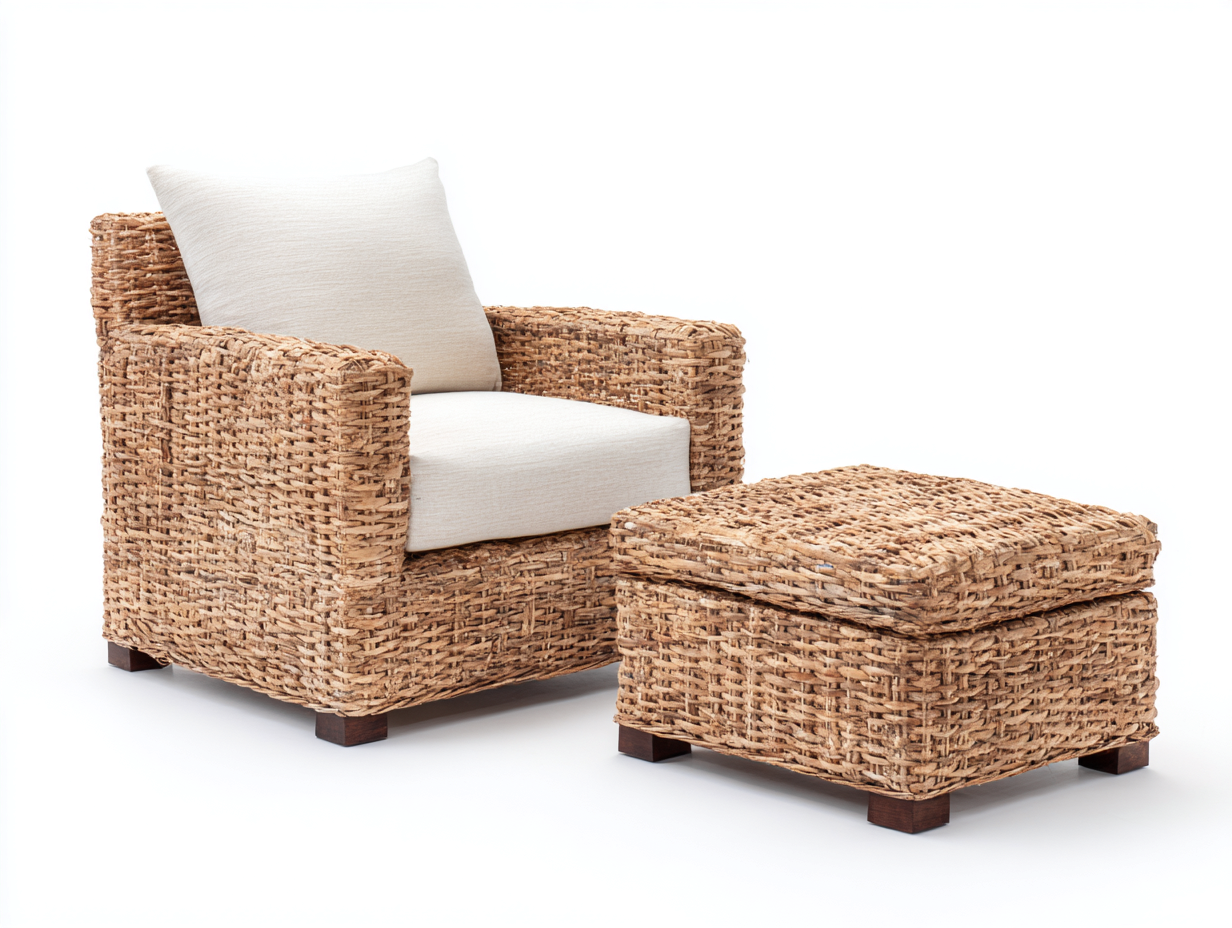 Poltrona da giardino con poggiapiedi in rattan naturale e tessuto imbottito 87x79x82 cm - beige-naturale - adatta per giardino e terrazza - stile rustico moderno-Zivazihaus