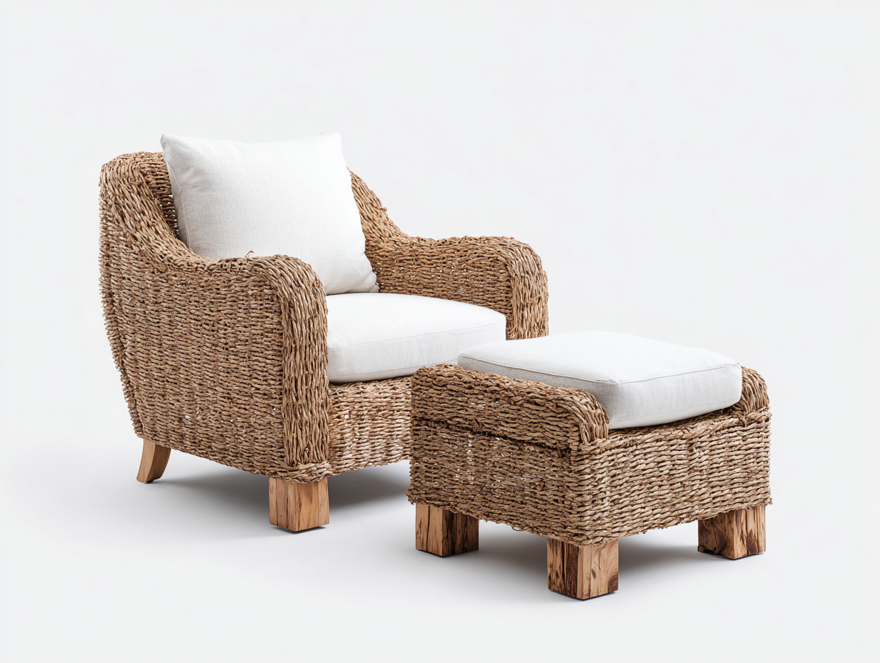 Poltrona da giardino con poggiapiedi in rattan naturale e tessuto imbottito 86x80x82 cm - beige-naturale - adatta per giardino e terrazza - stile rustico moderno-Zivazihaus
