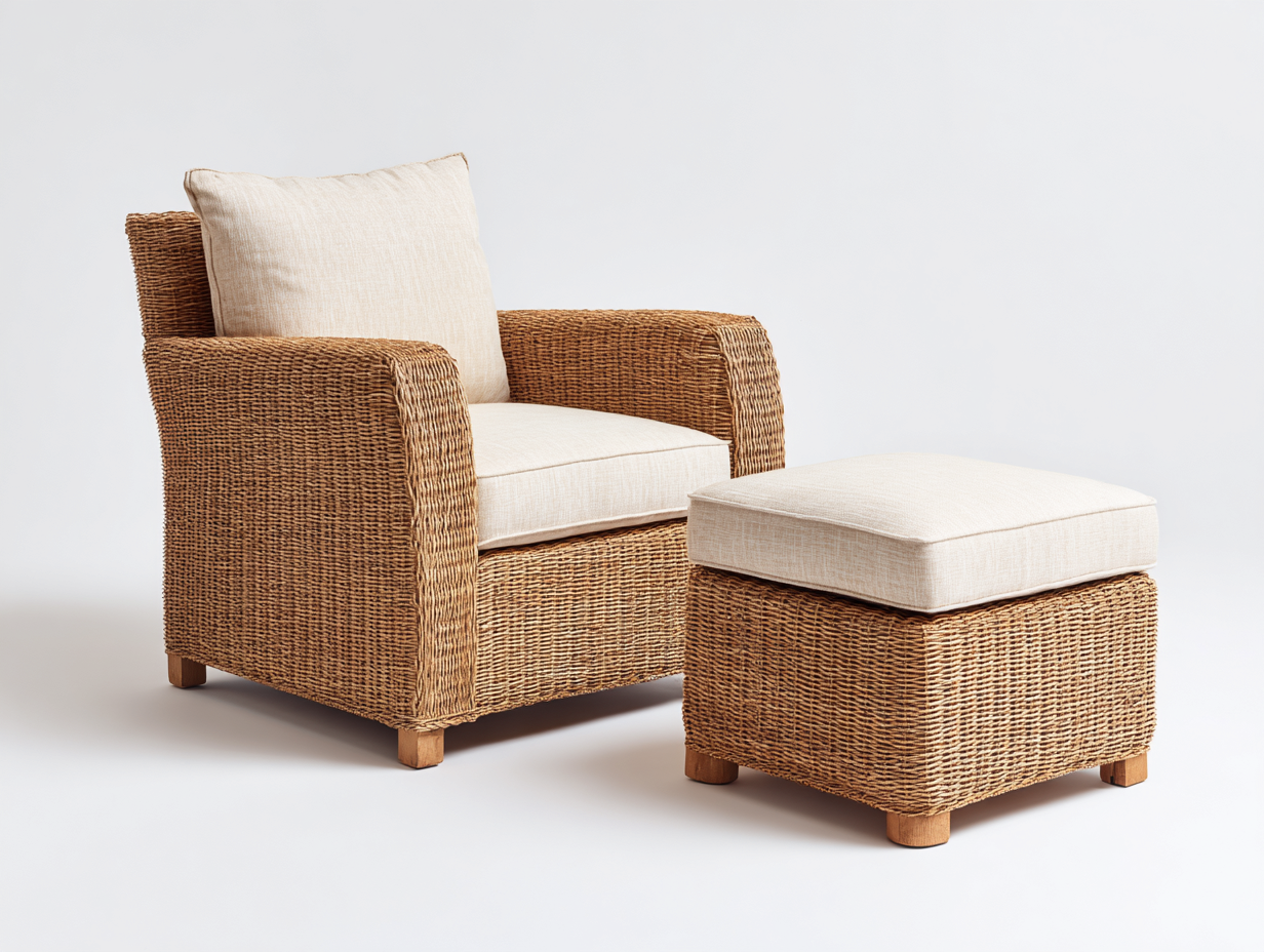 Poltrona da giardino con poggiapiedi in rattan naturale e tessuto imbottito 89x83x87 cm - beige-naturale - per giardino e terrazza - stile moderno country-Zivazihaus