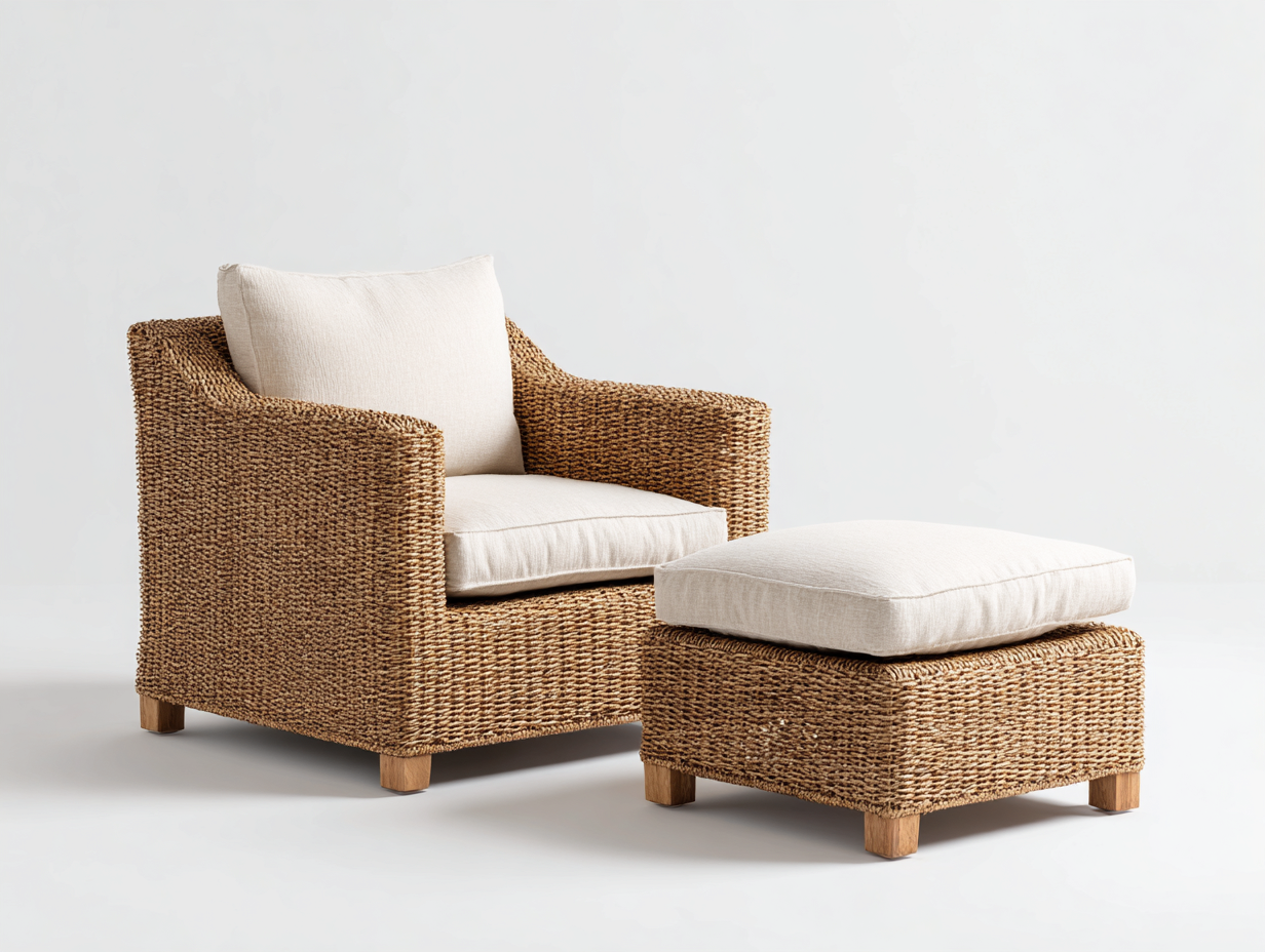 Poltrona da giardino con poggiapiedi in rattan intrecciato e tessuto imbottito 92x86x86 cm - beige-naturale - per giardino e terrazza - stile country moderno-Zivazihaus