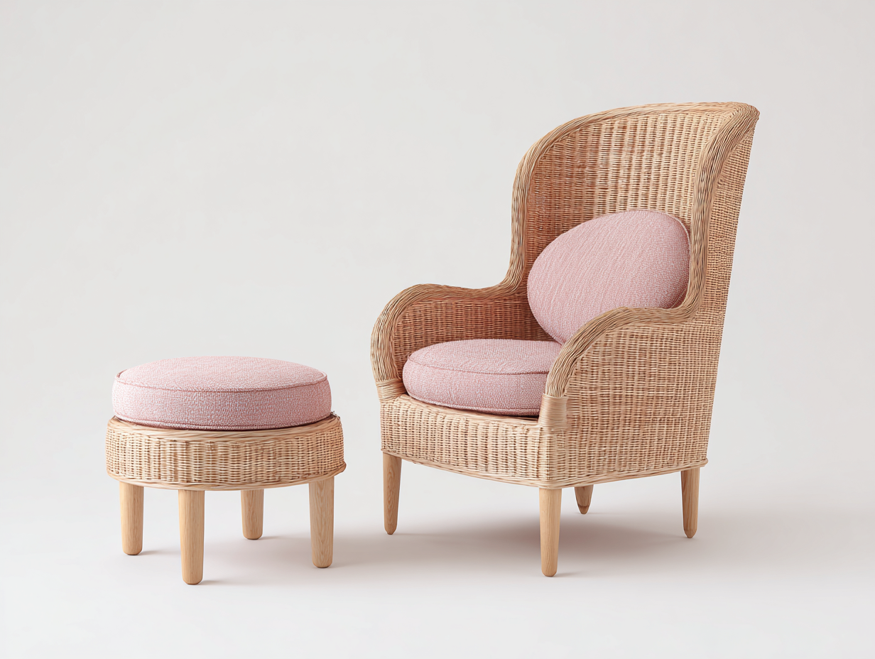 Poltrona da giardino con poggiapiedi in rattan naturale e tessuto imbottito 86x80x105 cm - rosa chiaro-naturale - per giardino e terrazza - stile moderno country-Zivazihaus