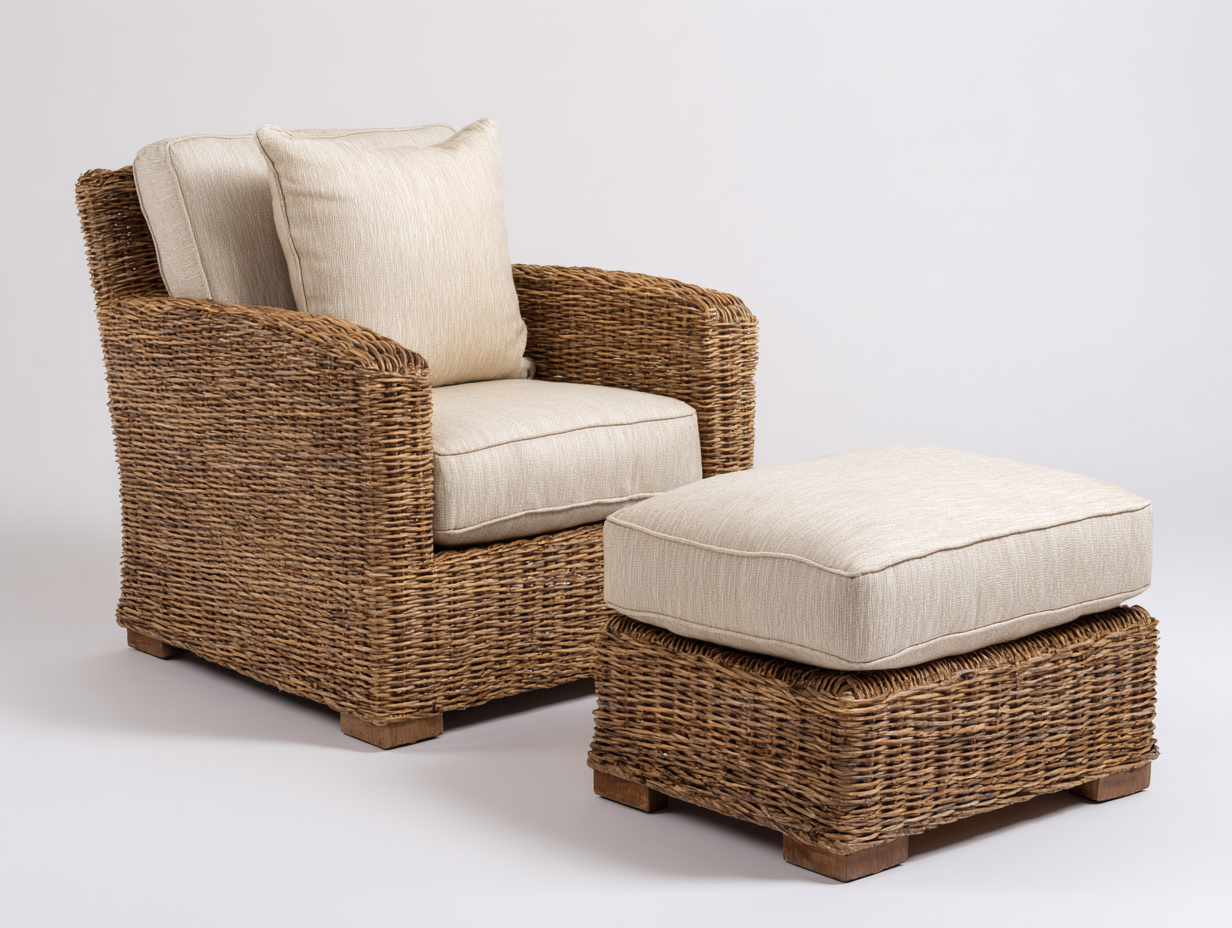 Poltrona da giardino con poggiapiedi in rattan naturale e tessuto imbottito 89x81x83 cm - beige-naturale - adatta per giardino e terrazza - stile rustico moderno-Zivazihaus