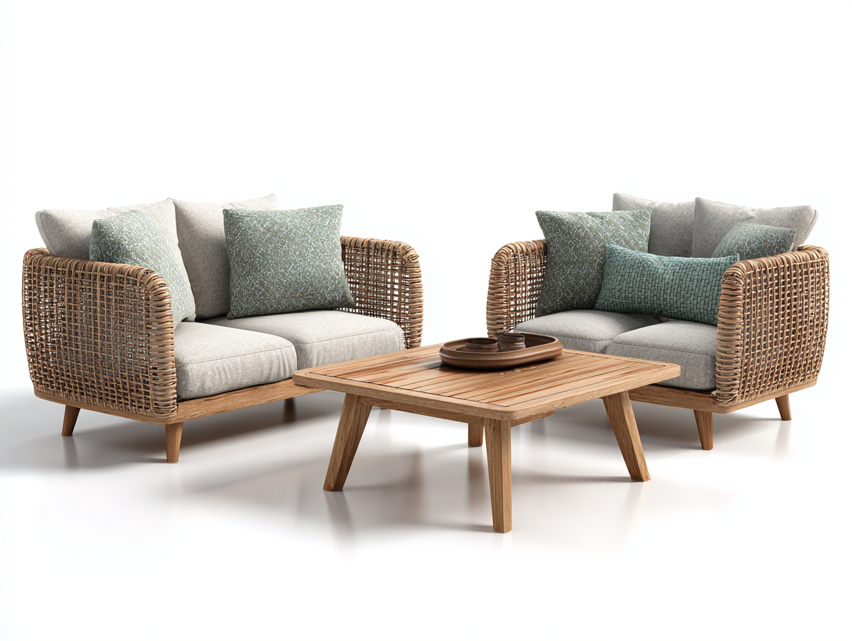Salon de jardin in rattan marrone chiaro con cuscini beige - per giardino e terrazza - stile naturale moderno-Zalaaloft